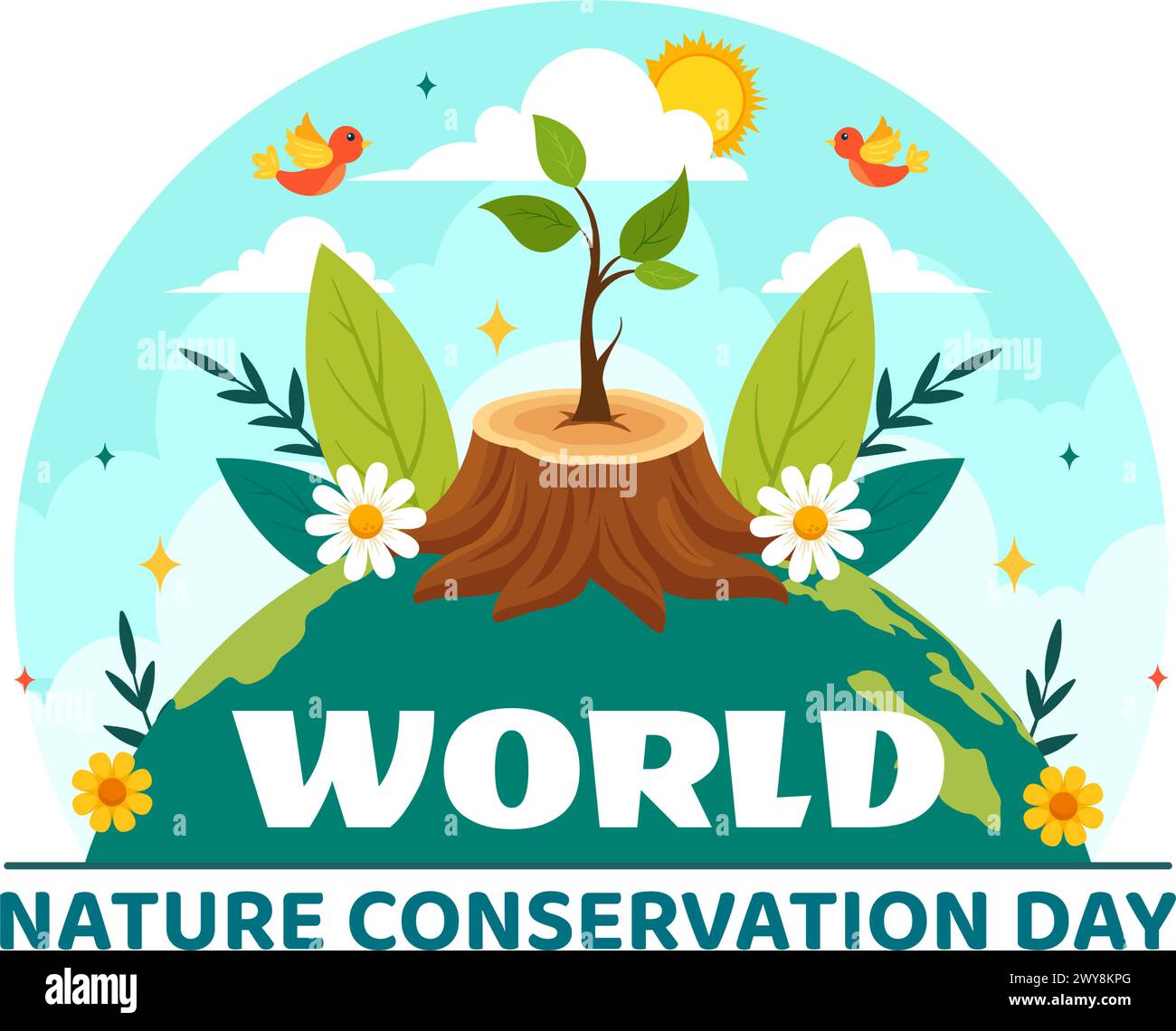 Illustrazione vettoriale della giornata mondiale della conservazione della natura con mappa mondiale, albero ed ecologia ecologica per la conservazione su sfondo piatto di cartone animato Illustrazione Vettoriale