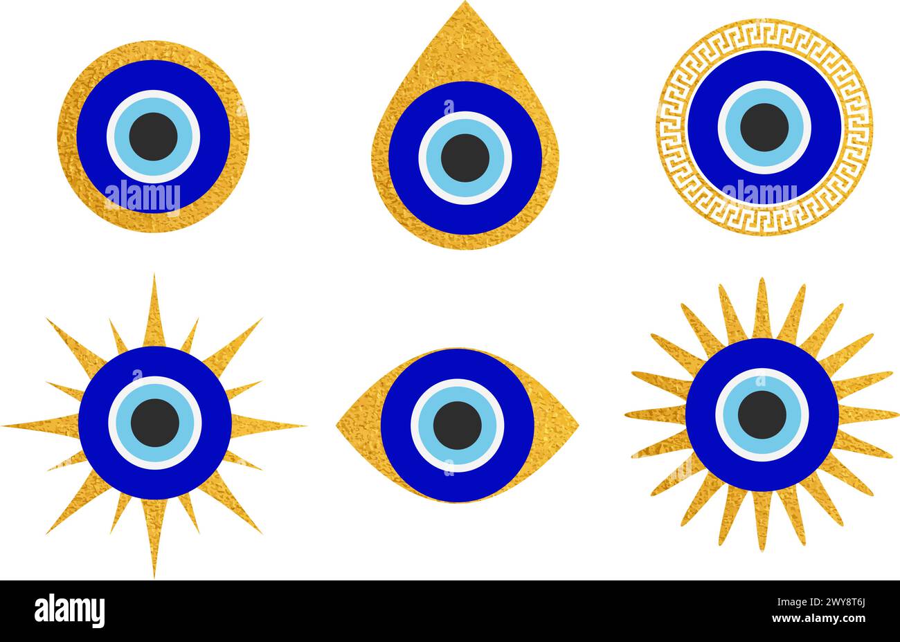 Set di simboli turchi blu maleocchio. Perla magica nazar. Grecia e amuleto turco design esoterico per fortuna Illustrazione Vettoriale
