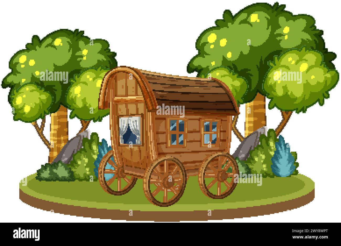 Carrozza in legno di cartoni animati in una lussureggiante foresta verde Illustrazione Vettoriale