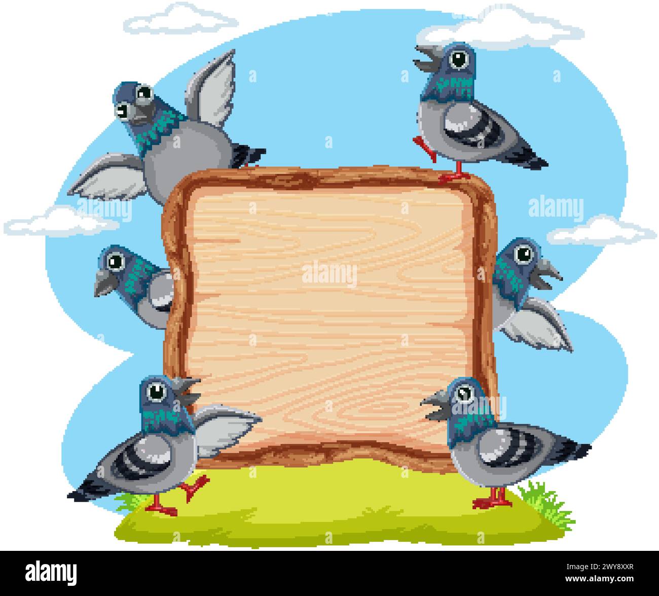 Piccioni cartoni animati con un cartello di legno vuoto Illustrazione Vettoriale