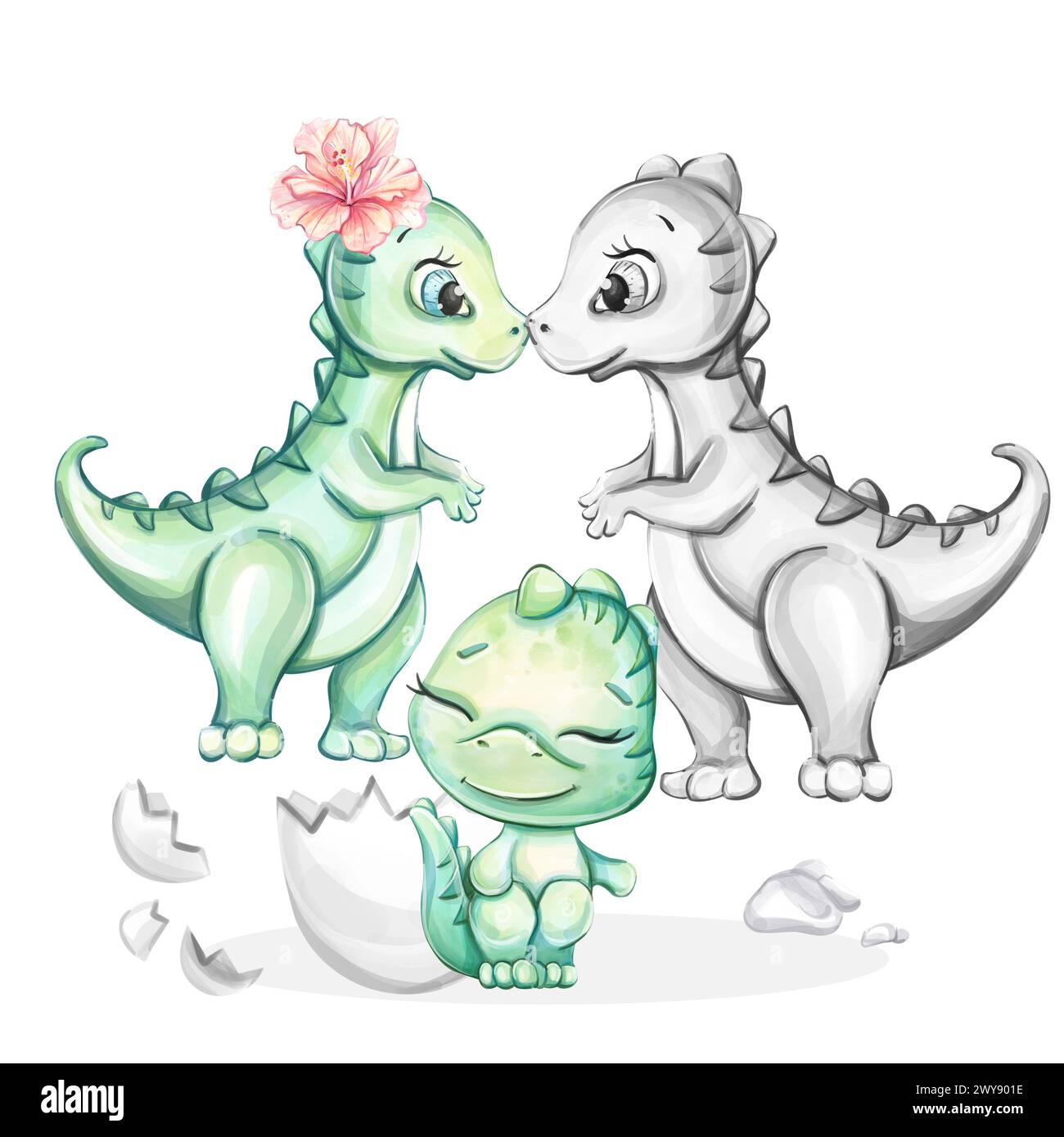 Adorabile dinosauro piccolo acquerello. Famiglia Dino. Neonato. Cartoni animati per vivaio, babyshower, arredamento, adesivi, stampe tessili con animali selvatici storici Foto Stock