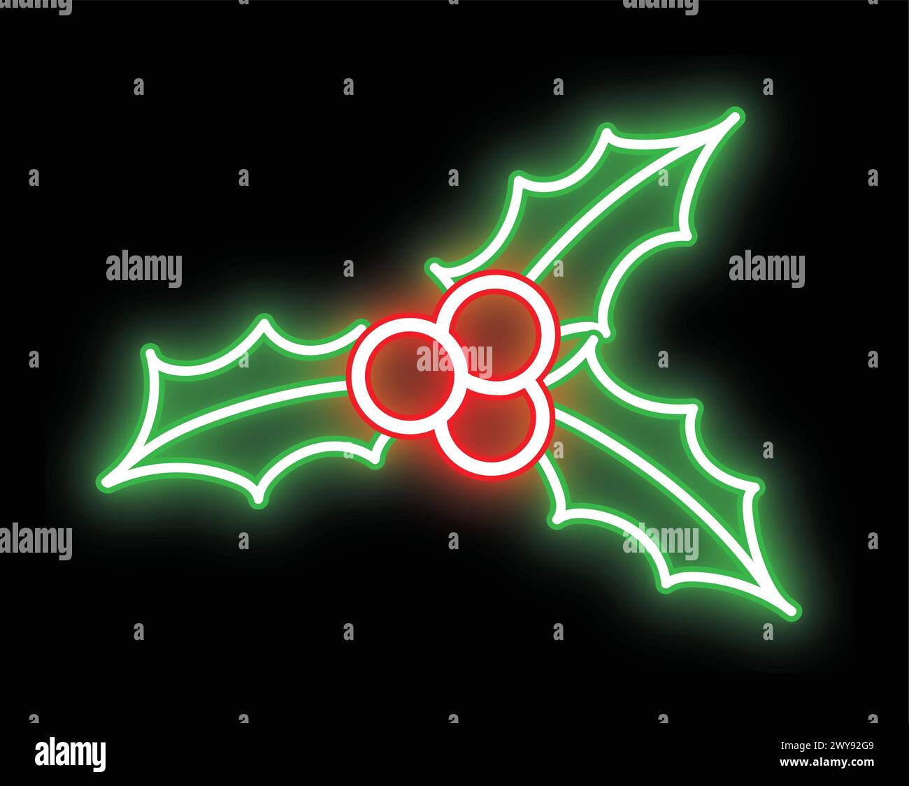 Icona di bacche agrifoglio natalizie al neon per decorazioni natalizie su sfondo trasparente Illustrazione Vettoriale