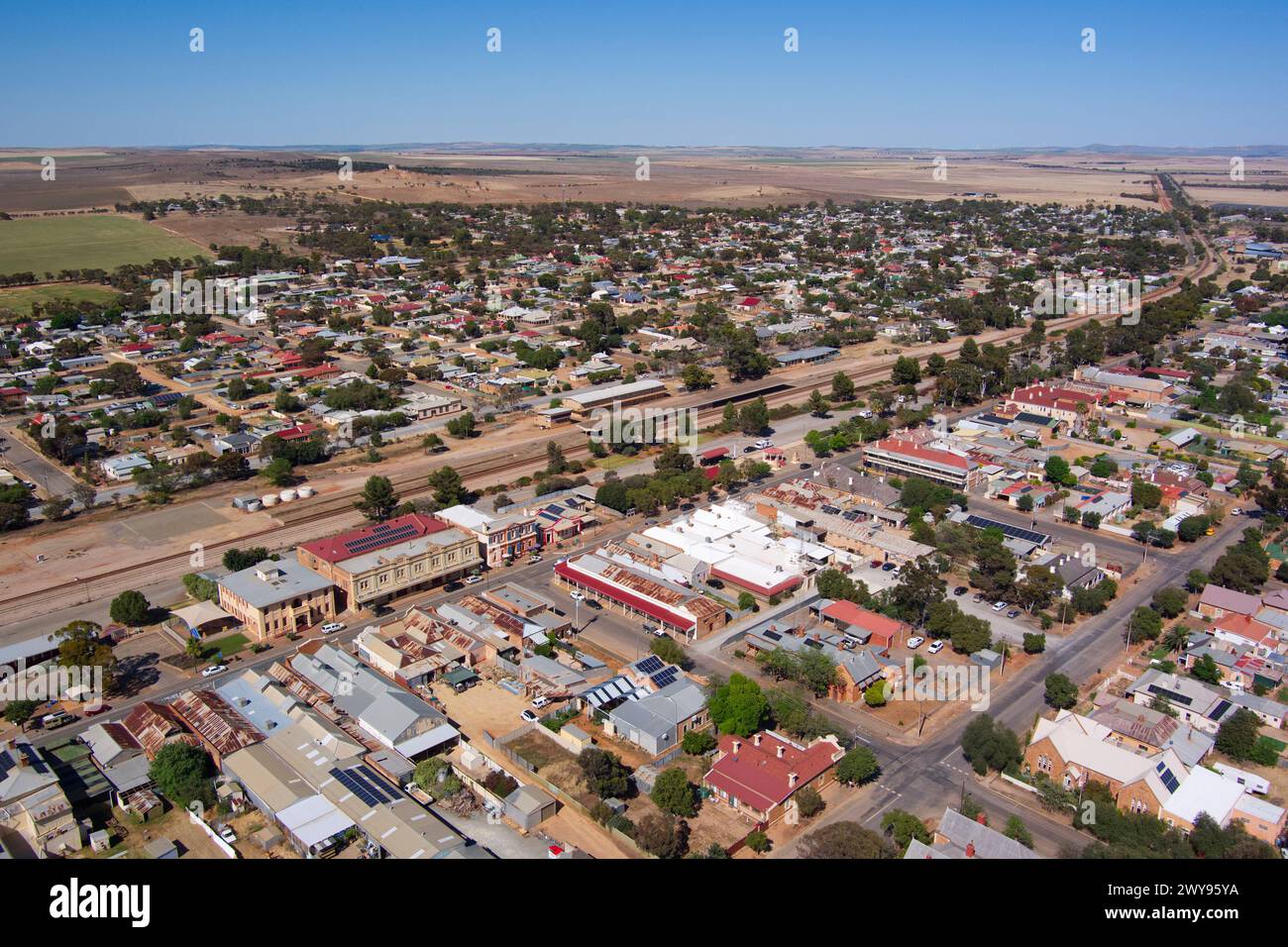 Aerea della piccola cittadina di Peterborough, Australia meridionale Foto Stock