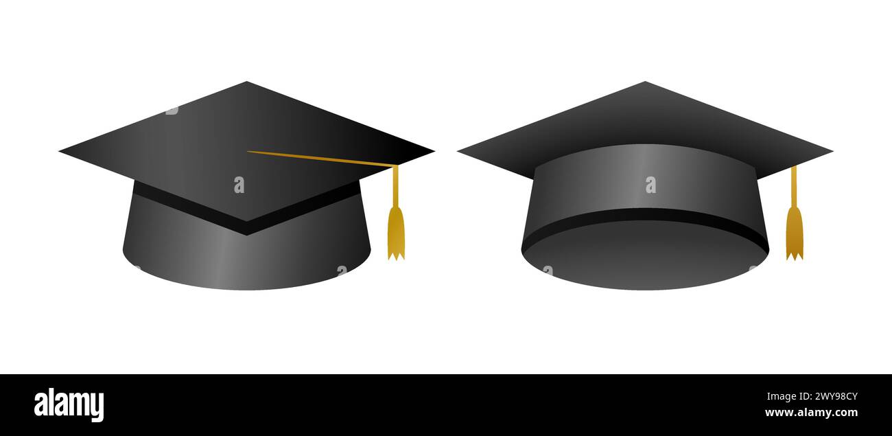 Set di cappelli accademici 3D. Articoli educativi. Collezione graduata. Cappello universitario con nappina dorata. Design vettoriale realistico della scala graduata. Nero Illustrazione Vettoriale