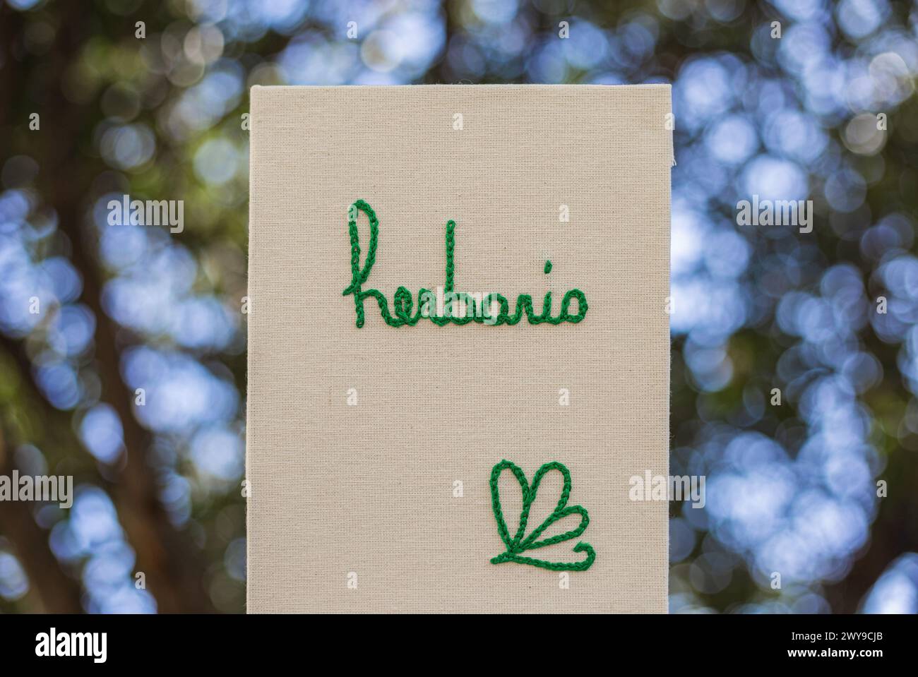 Un primo piano di un libro di poesie di Erbario sotto gli alberi verdi alla luce del sole Foto Stock