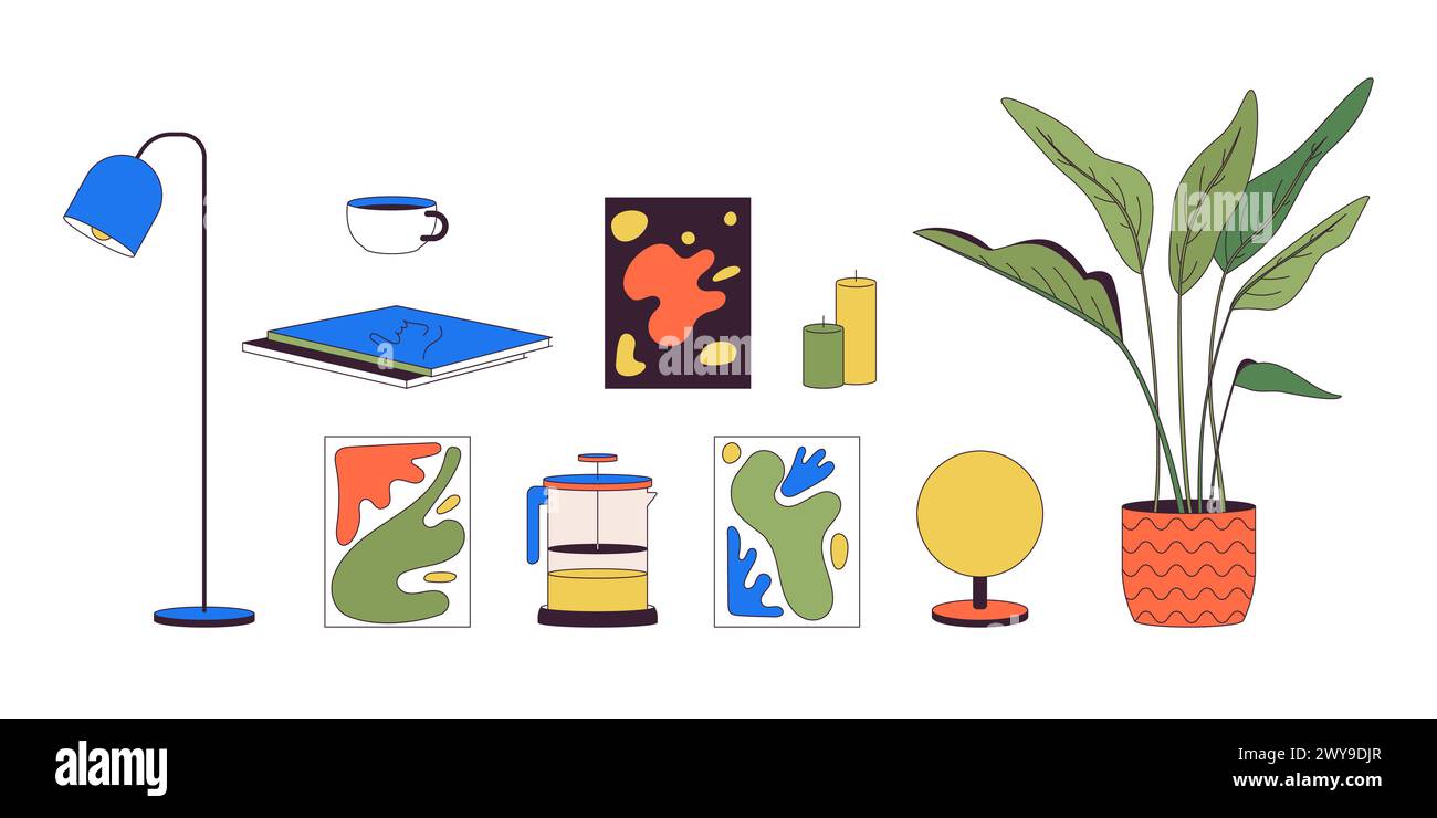 Forniture per il set di oggetti di cartoni animati lineari 2D. Illustrazione Vettoriale