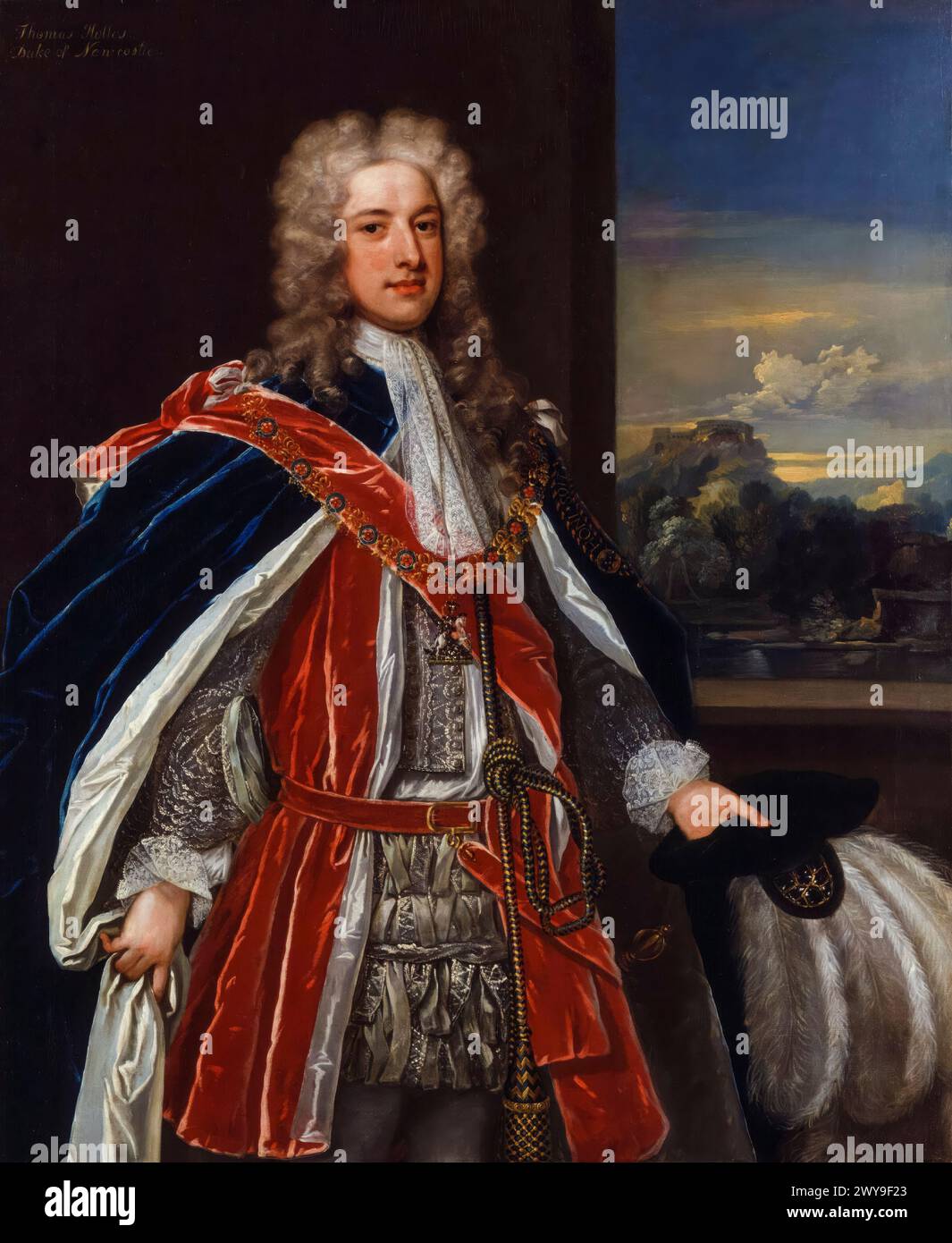 Thomas Pelham-Holles, i duca di Newcastle upon Tyne (1693-1768), politico Whig e primo ministro della Gran Bretagna due volte dal 1754-1756 e 1757-1762, ritratto a olio su tela di Charles Jervas (attribuito), circa 1721 Foto Stock