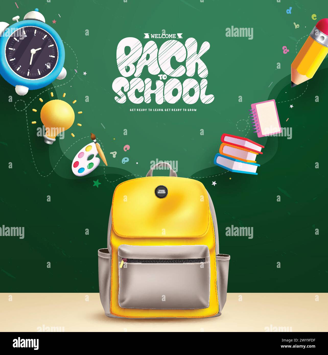 Design vettoriale della borsa Back to School. Bentornato a scuola testo di saluto con zaino scolastico, sveglia, libri e matita elementi educativi Illustrazione Vettoriale