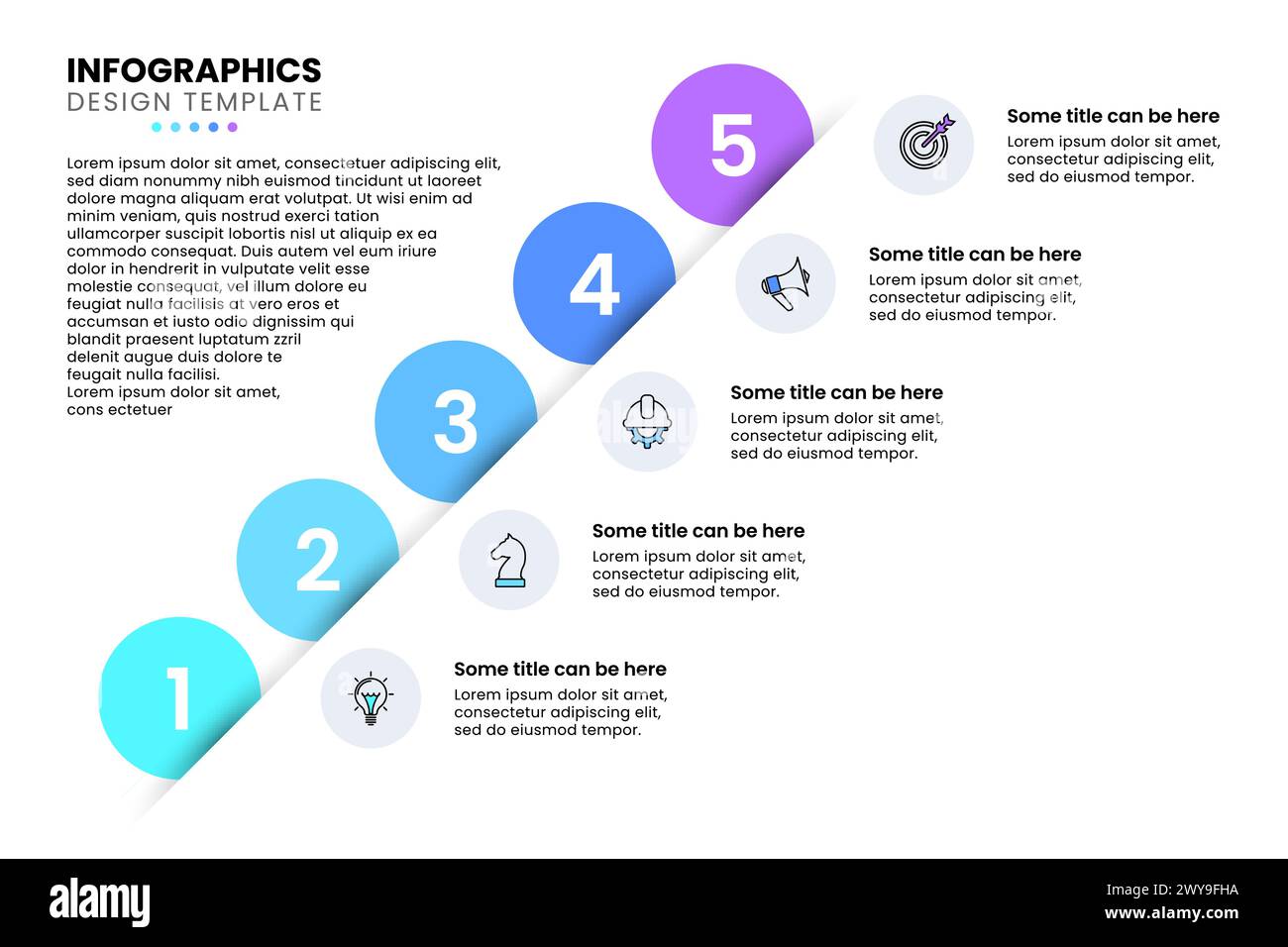 Modello infografico con icone e 5 opzioni o passaggi. Cerchi. Può essere utilizzato per il layout del flusso di lavoro, il diagramma, il banner, il webdesign. Illustrazione vettoriale Illustrazione Vettoriale