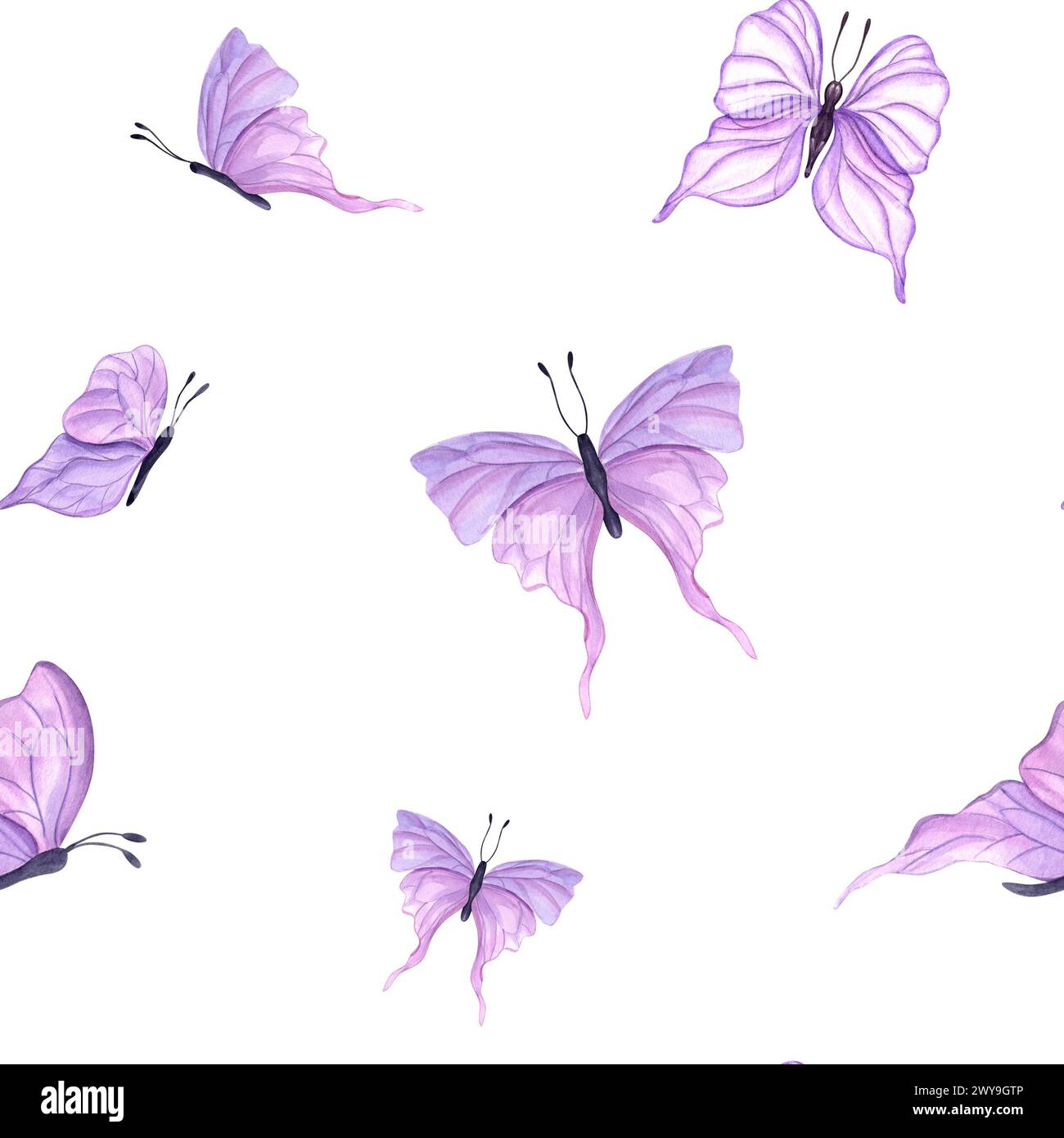 Modello senza cuciture di farfalle rosa fluttuanti. Insetti tropicali astratti con acquerello. Illustrazione disegnata a mano per tessuti, inviti di nozze, striscioni Foto Stock