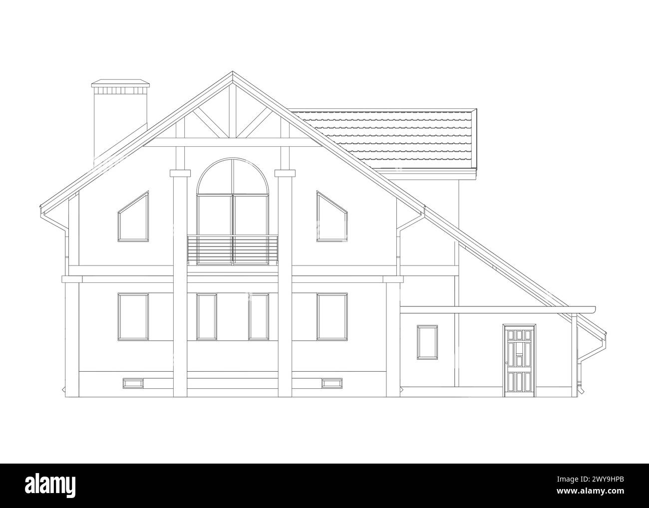 Delineare il modello di casa suburbana. Disegno di un edificio moderno. Progetto Cottage su sfondo bianco. Progetto vettoriale. Illustrazione Vettoriale