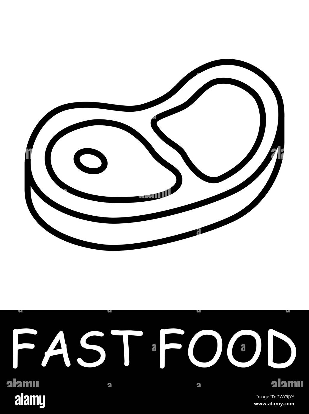 Icona del fast food. Cibo spazzatura, bistecche, carne, alta percentuale di grassi, calorie, fascino di pasti veloci e saporiti nonostante le loro implicazioni negative per la salute. Illustrazione Vettoriale