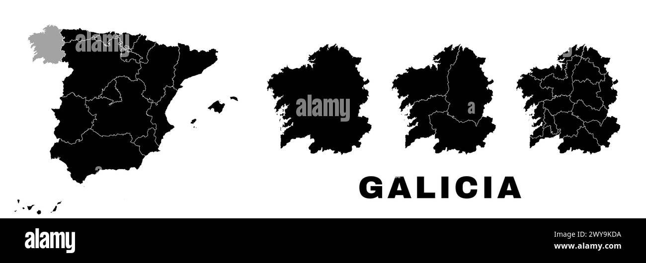 Mappa della Galizia, comunità autonoma in Spagna. Divisione amministrativa spagnola, regioni, distretti e comuni. Illustrazione Vettoriale