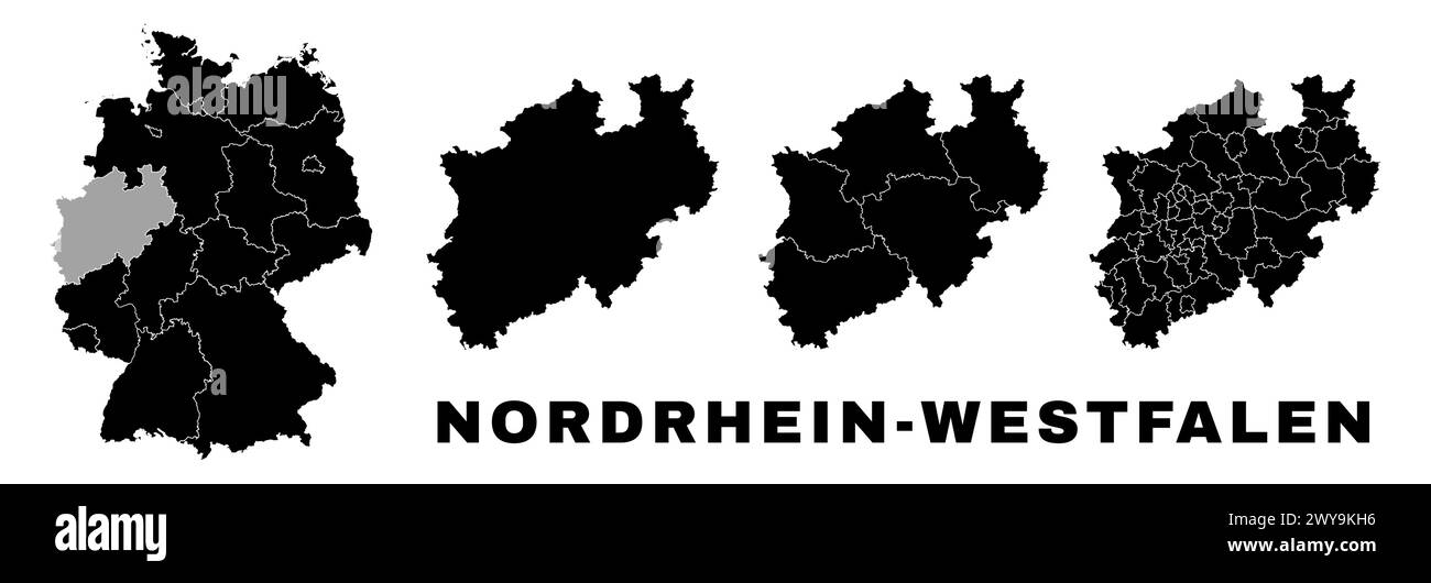Mappa Renania settentrionale-Vestfalia, stato tedesco. Divisione amministrativa della Germania, regioni e distretti, amt e comuni. Illustrazione Vettoriale
