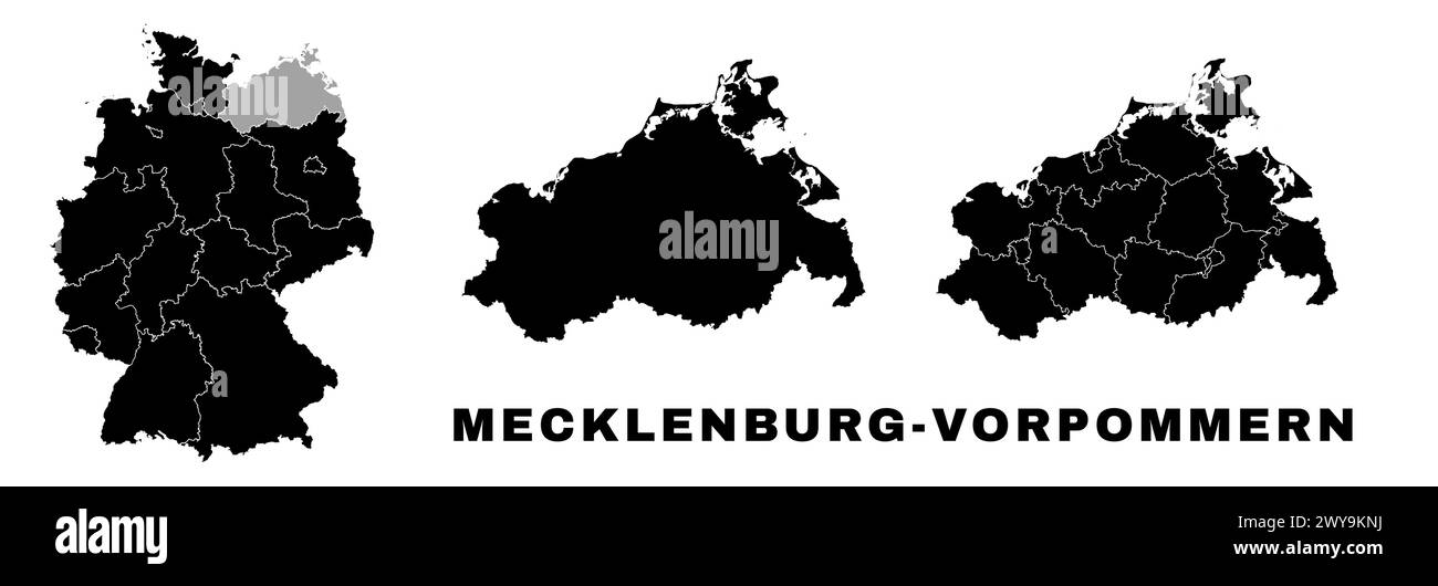 Mappa del Meclemburgo-Vorpommern, stato tedesco. Divisione amministrativa della Germania, regioni e distretti, amt e comuni. Illustrazione Vettoriale
