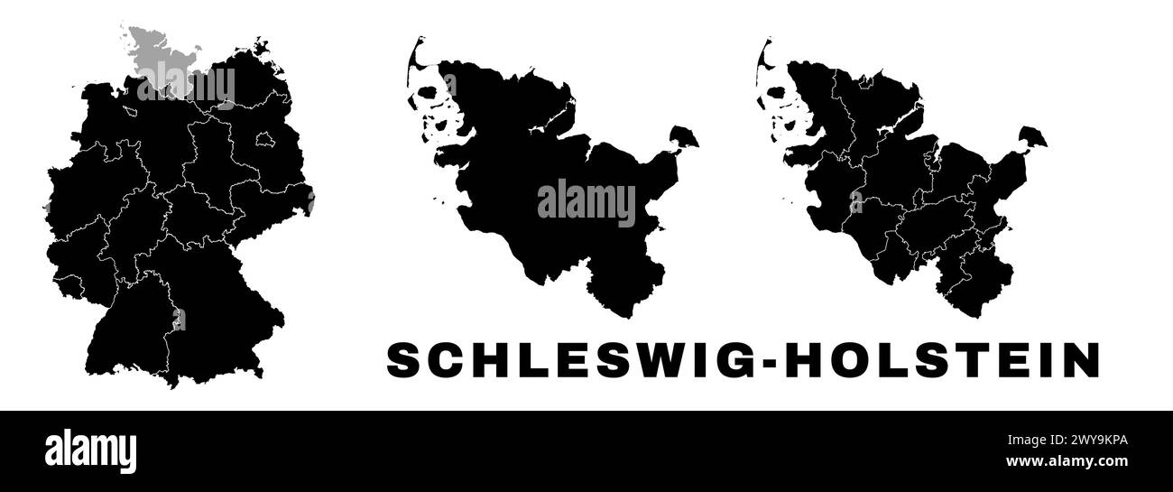 Mappa Schleswig-Holstein, stato tedesco. Divisione amministrativa della Germania, regioni e distretti, amt e comuni. Illustrazione Vettoriale