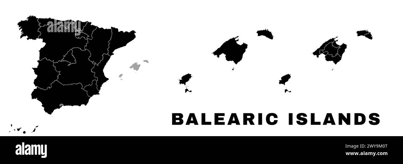 Mappa delle Isole Baleari, comunità autonoma in Spagna. Divisione amministrativa spagnola, regioni, distretti e comuni. Illustrazione Vettoriale