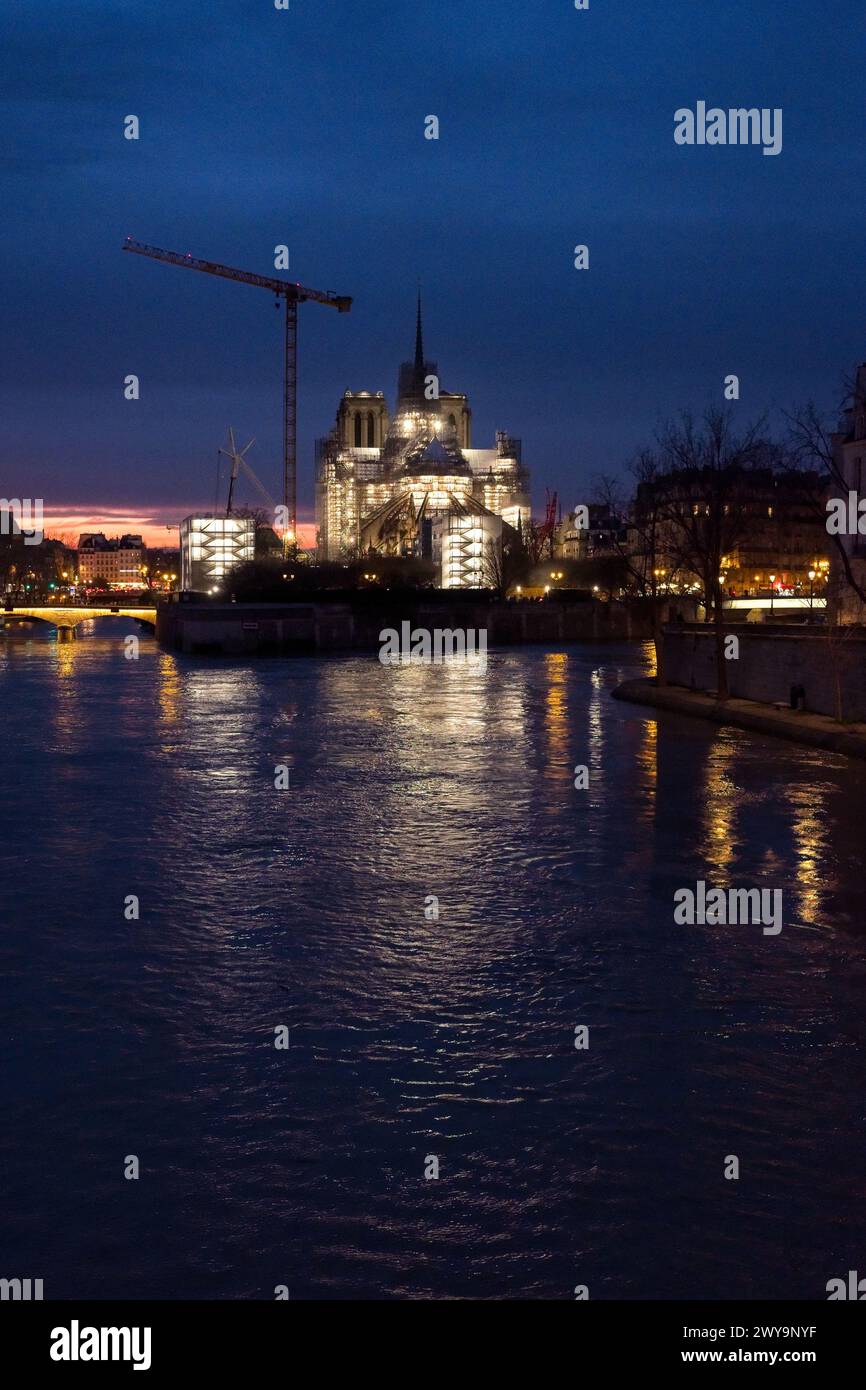 Ricostruzione di Notre-Dame di notte con il fiume Senna Foto Stock