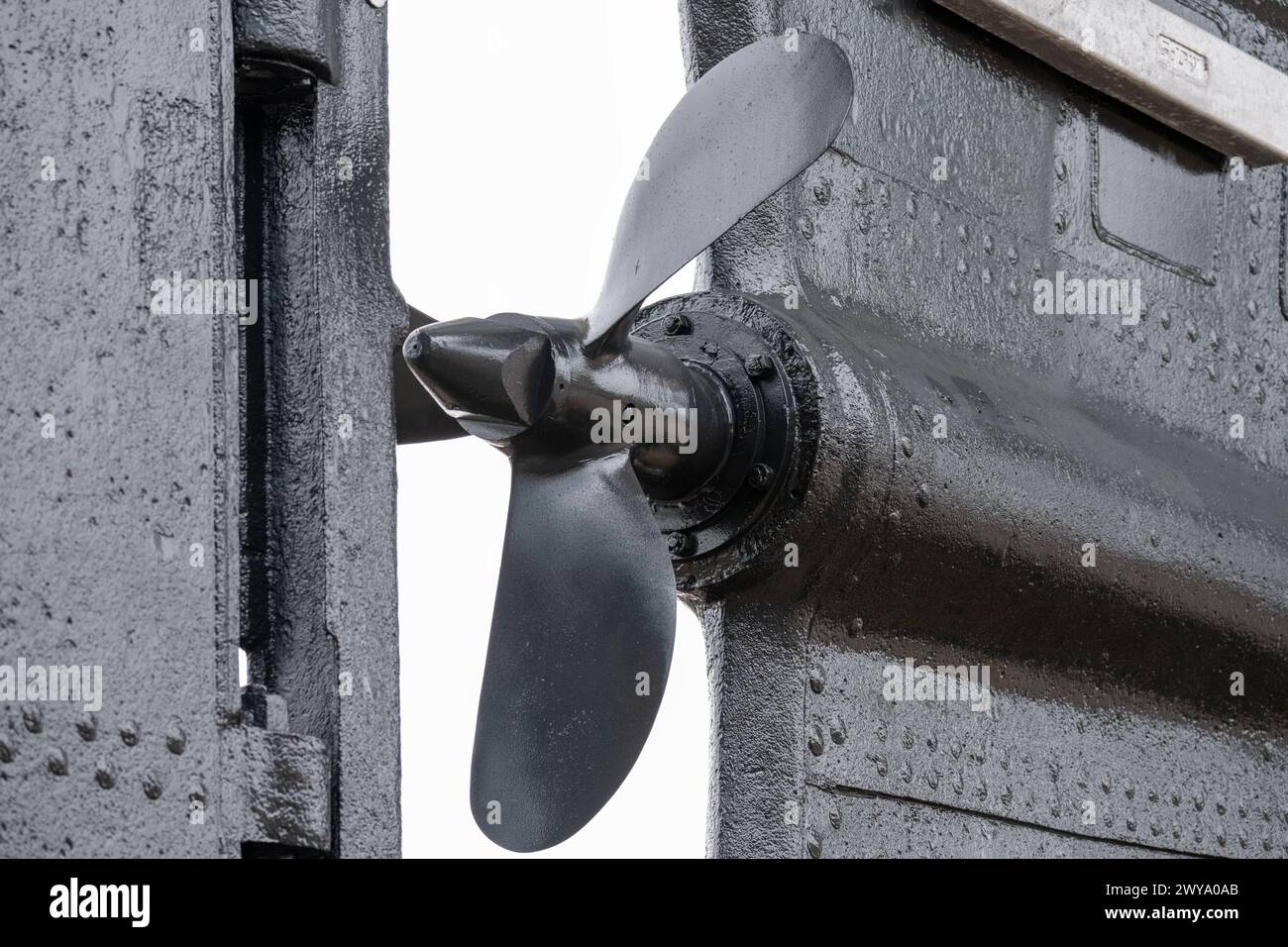 Stralsund, Germania. 5 aprile 2024. Il "Gorch Fock 1" ha lasciato la sala della costruzione navale. Dopo aver trascorso diversi mesi nella grande sala di costruzione navale del cantiere navale Volkswerft di Stralsund, il tradizionale veliero "Gorch Fock 1" di oltre 90 anni è tornato all'aria aperta. Lo stesso giorno, l'ex nave addestratrice a vela ha lasciato la sala del cantiere con un nuovo, scintillante rivestimento bianco di vernice, dove i costruttori navali hanno effettuato estesi lavori di ristrutturazione. In futuro, la nave sarà nuovamente aperta al pubblico come nave museo. Crediti: Stefan Sauer/dpa/Alamy Live News Foto Stock