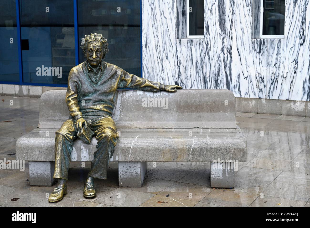 Statua di Albert Einstein seduta sulla panchina all'esterno del museo della scienza in Parque de las Ciencias, Granada, Spagna Foto Stock