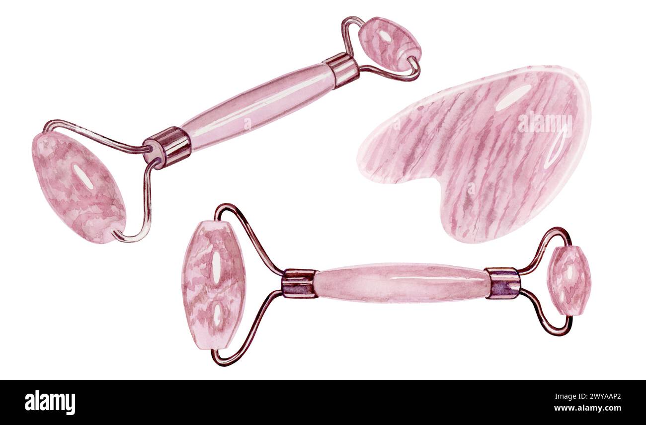 Gua Sha Set marmo rosa lucido strumenti per la cura della pelle illustrazione ad acquerello disegnata a mano Foto Stock