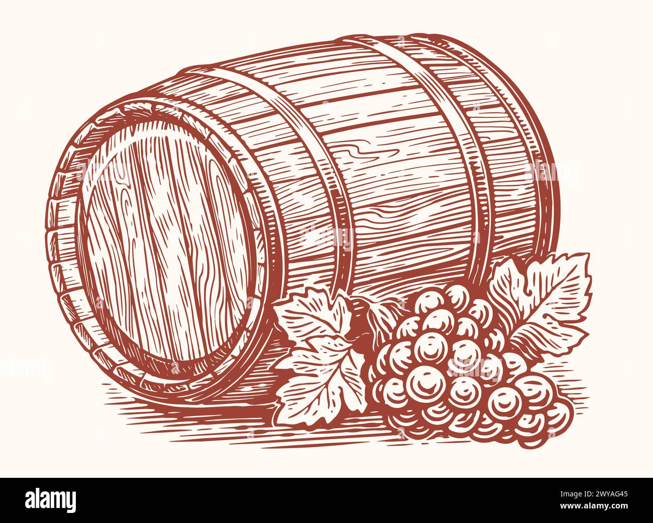 Vecchio botte di legno e uva matura con foglie. Botte di rovere di vino da bere alcolico. Illustrazione del vettore di schizzo Illustrazione Vettoriale