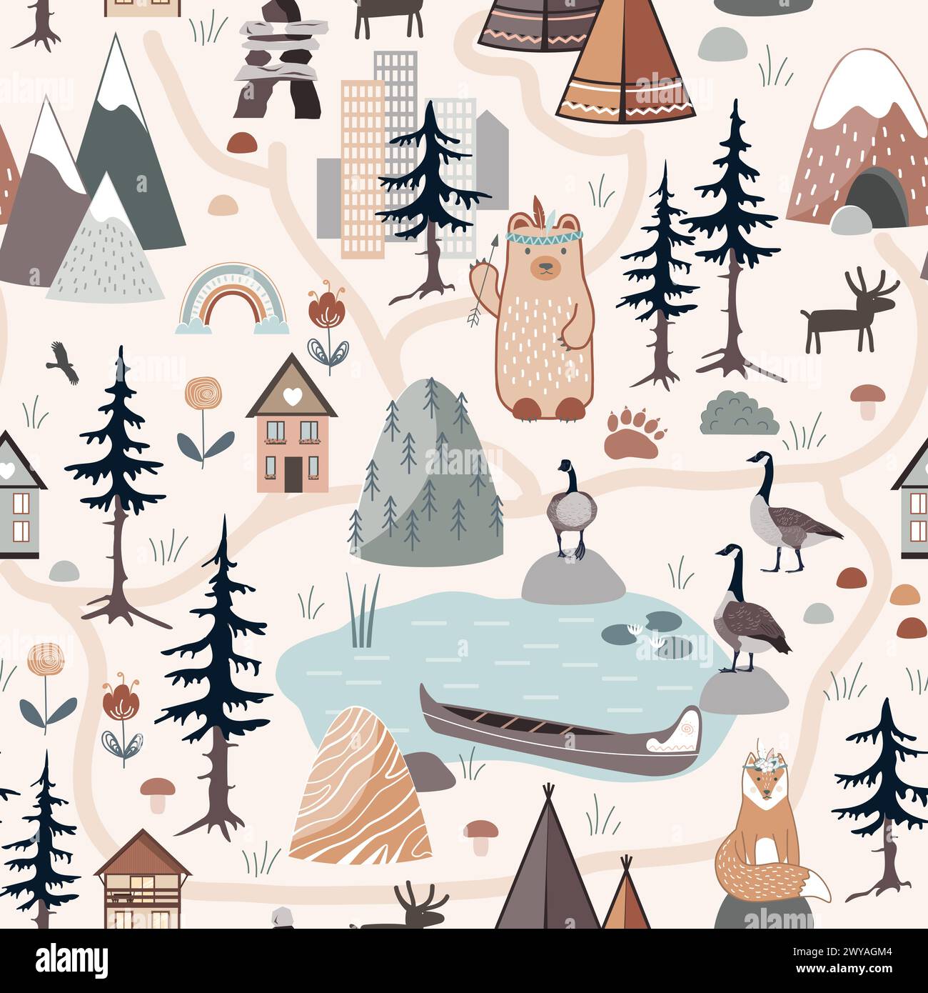 Natura selvaggia senza cuciture. Foresta, montagne, teepee e canoa indiani, case e animali. Sfondo per biglietti avventura, asili e bambini Illustrazione Vettoriale