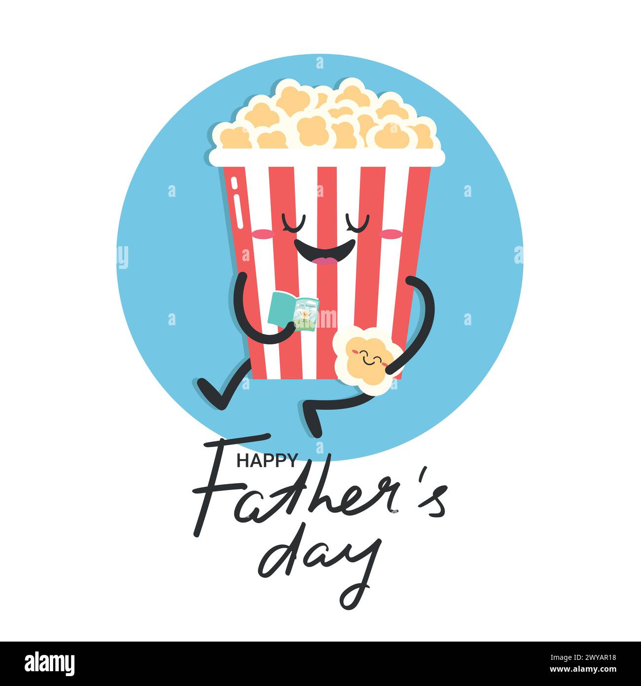 Biglietto d'auguri per il giorno del papà con un carino libro di popcorn da leggere per un bambino. Papà e bambino insieme. Illustrazione vettoriale Illustrazione Vettoriale