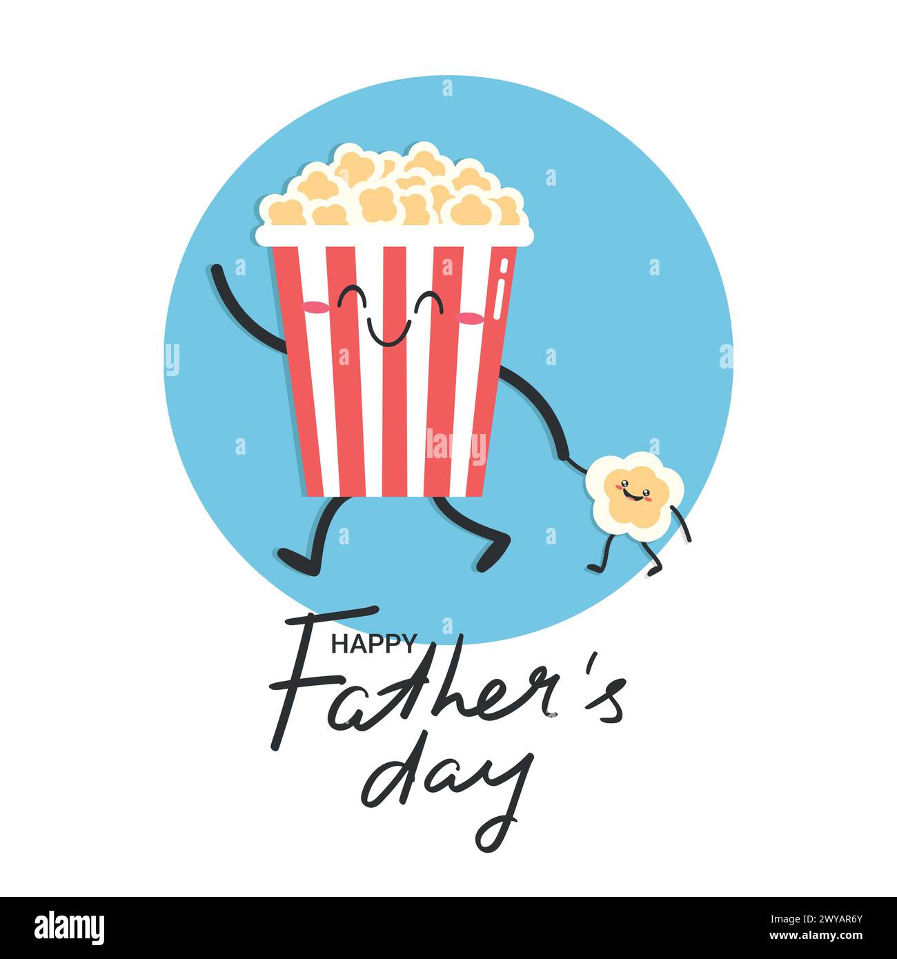 Biglietto d'auguri per il giorno del papà con un simpatico personaggio di popcorn conduce il bambino per mano. Papà e bambino insieme. Illustrazione vettoriale Illustrazione Vettoriale