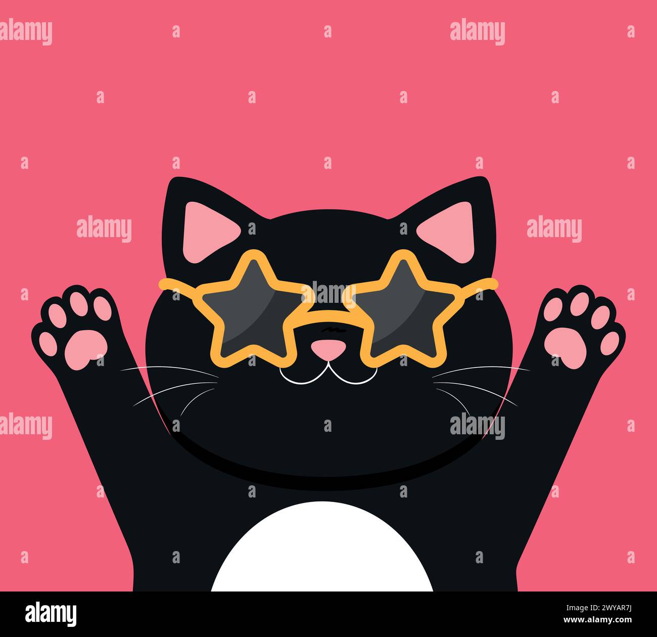 Gatto nero con occhiali da sole a forma di stella. Gatto elegante e alla moda su sfondo rosso. Carino personaggio dei cartoni animati. Illustrazione vettoriale Illustrazione Vettoriale