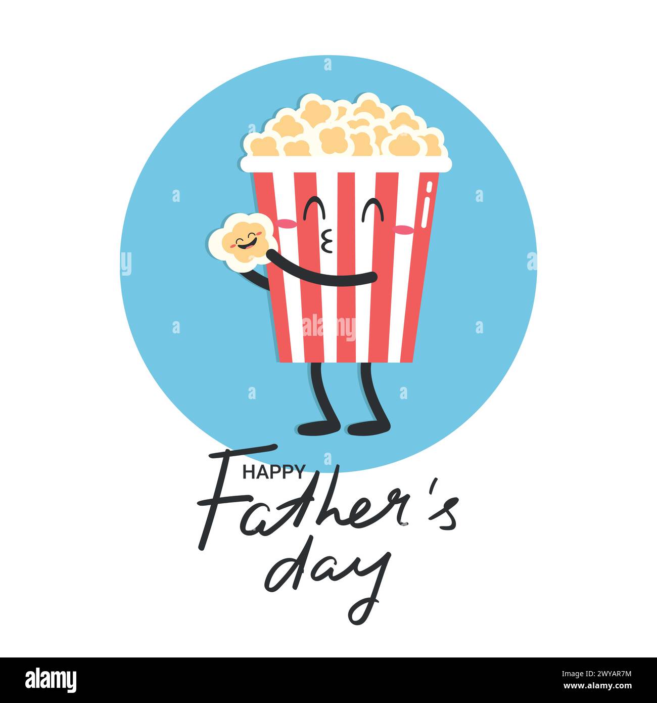 Biglietto d'auguri per il giorno del papà con un simpatico personaggio di popcorn che bacia un bambino. Papà e bambino insieme. Illustrazione vettoriale Illustrazione Vettoriale