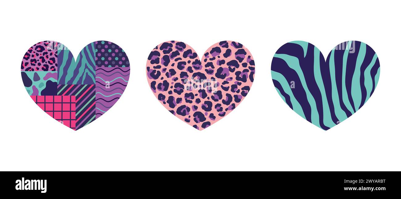 Set di icone del cuore con motivi diversi in colori retrò. Cuore con stampa leopardata, stampa zebra e motivi geometrici. Illustrazione vettoriale Illustrazione Vettoriale