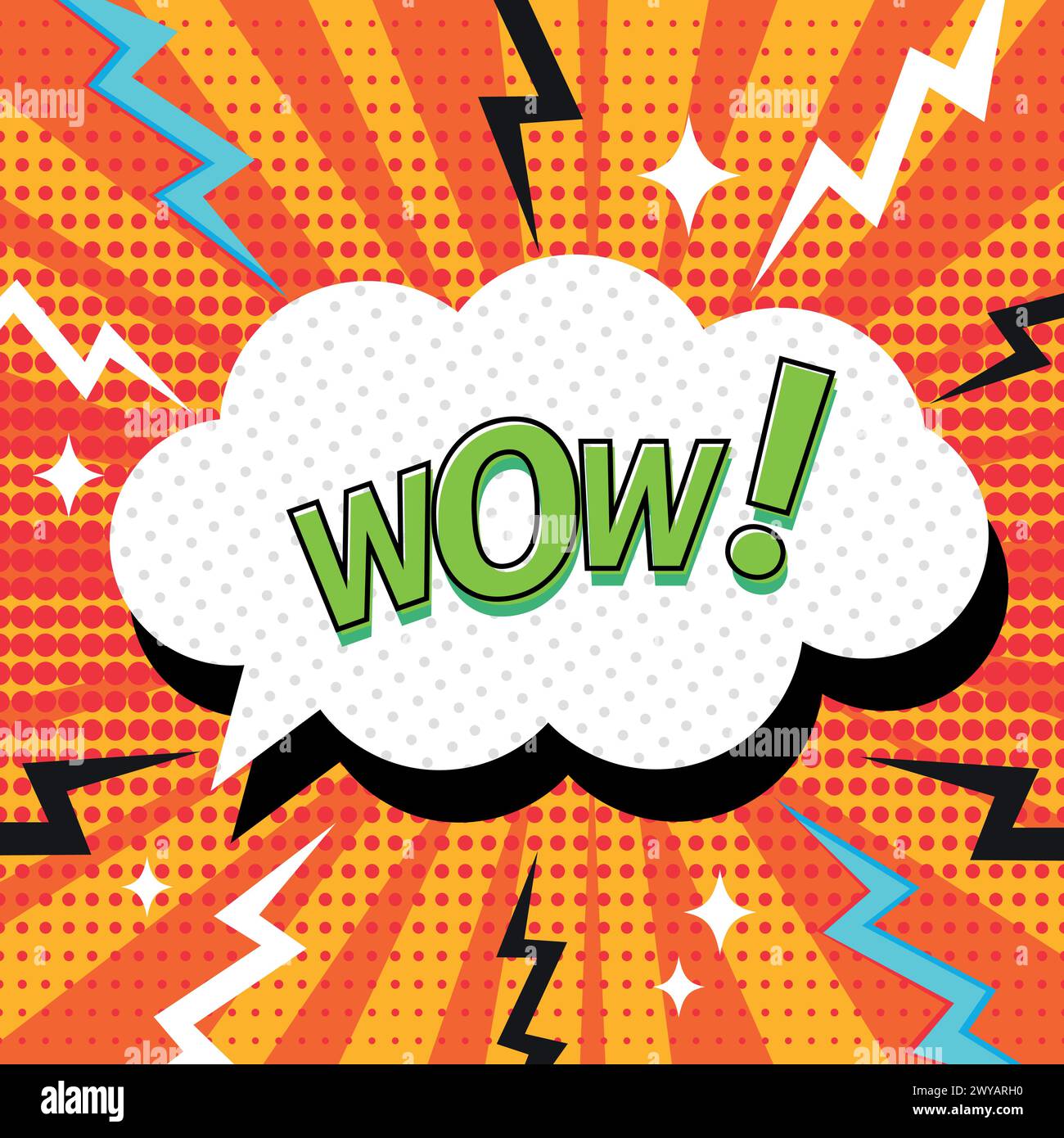 Fumetto fumettistico con fumetti e testo Wow in stile pop art. Sfondo luminoso decorato con punti, stelle e fulmini. Stile piatto. Illustrazione vettoriale Illustrazione Vettoriale