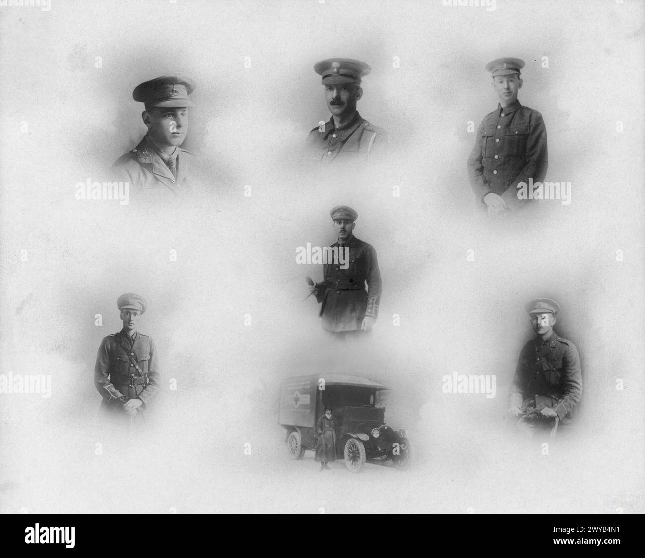 Il montaggio mostra il servizio di Ralph Alexander Broderick, futuro brigadiere, insieme ai membri della famiglia Lunt di Edgbaston, tra cui Geoffrey, Sydney, Richard, Douglas (ucciso il 17 luglio 1916), Gretchen e Bernard Dawson. Foto Stock