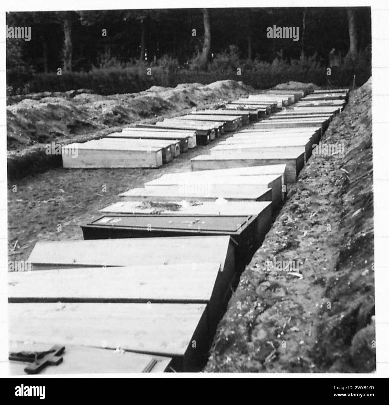 Le vittime civili di incursioni aeree e bombardamenti a Nijmegen, compresi i bambini, sono mostrate in file di bare in attesa di sepoltura nel cimitero locale. La fotografia è stata documentata dall'esercito britannico del 21st Army Group. Foto Stock