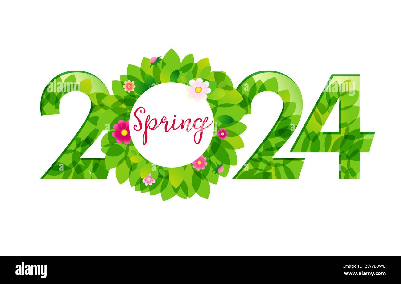 Logo verde creativo 2024 con fiori e foglie. Design moderno. Numerare lo sfondo con maschera di ritaglio isolata. Happy Spring o hello Summer concept. Illustrazione Vettoriale