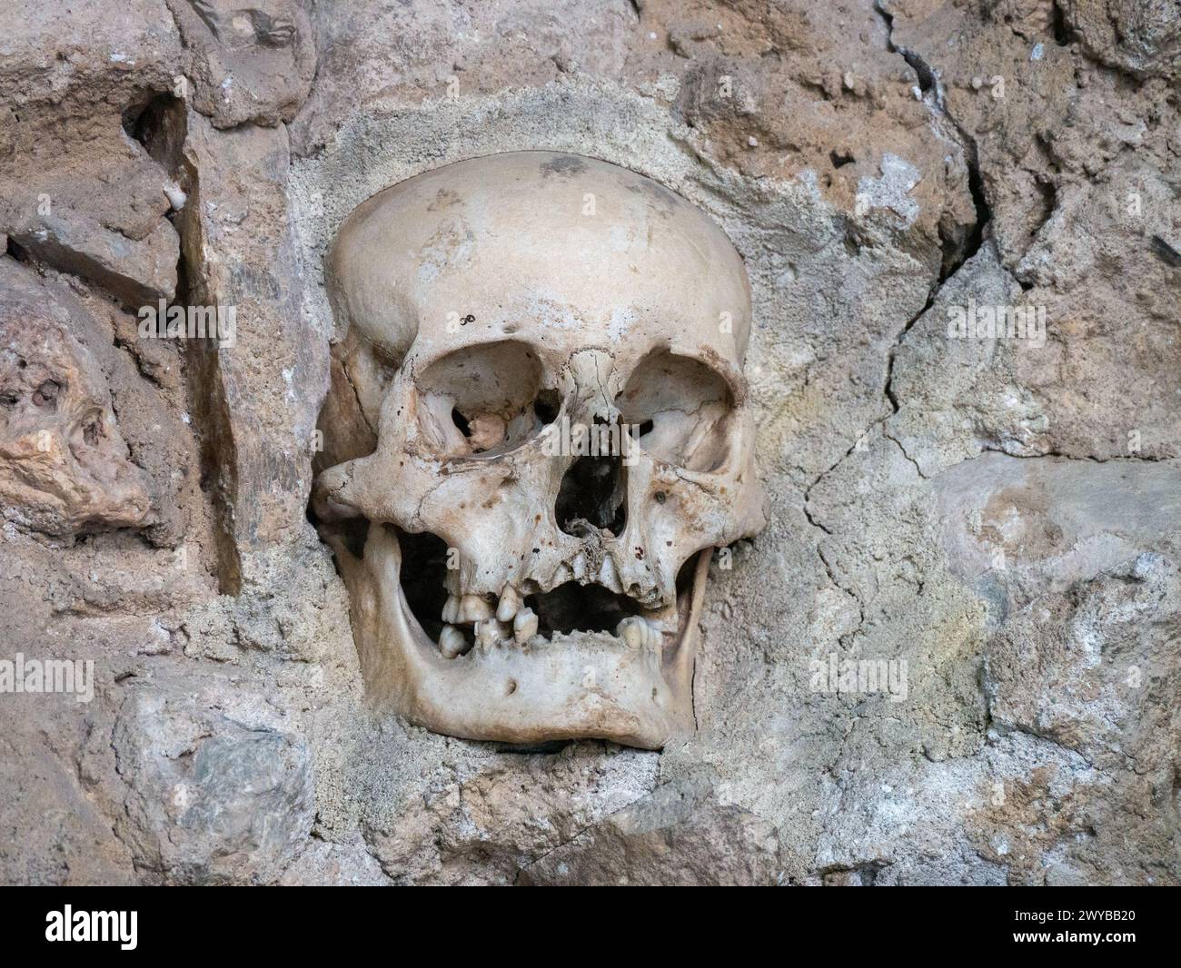 Cranio incastonato nel muro della Skull Tower, Niš, Serbia Foto Stock