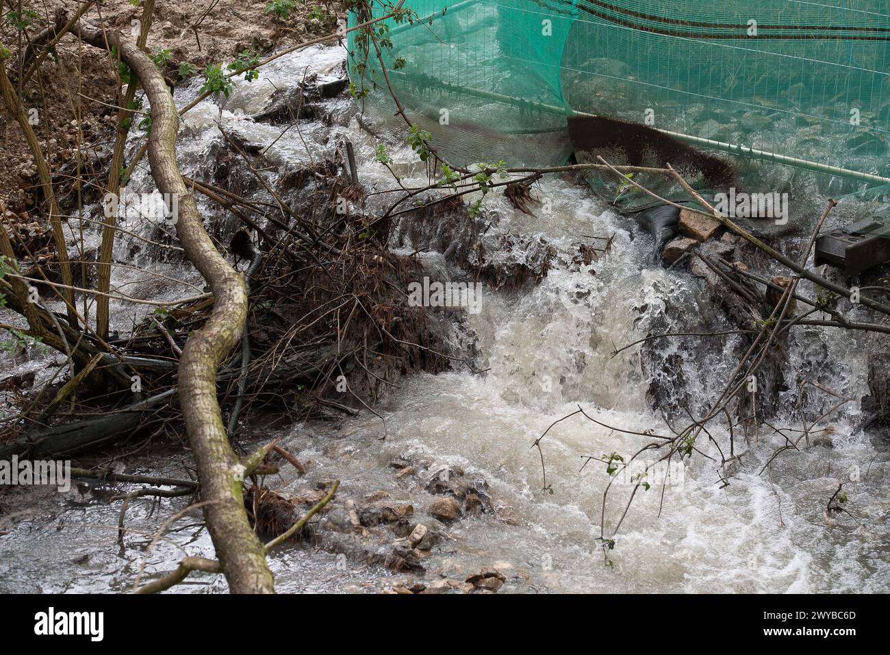 Amersham, Regno Unito. 5 aprile 2024. Le acque del Tamigi continuano a scaricare le acque reflue nel fiume Misbourne, un prezioso ruscello di gesso, ad Amersham. Il monitoraggio delle cisterne di bilanciamento dell'acqua del Tamigi Amersham presso il sito rimane fuori uso, il che significa che gli scarichi continui di acque reflue stanno uccidendo il fiume e l'acqua del Tamigi non riceve alcuna sanzione dalle autorità per questo. Ci sono prove evidenti di funghi fognari nel fiume e di un odore di fognatura. Questo pomeriggio è stato annunciato che la società madre di Thames Water ha fallito nel suo debito. Pagamenti di interessi dovuti questa settimana su un'obbligazione da 400 milioni di sterline h Foto Stock