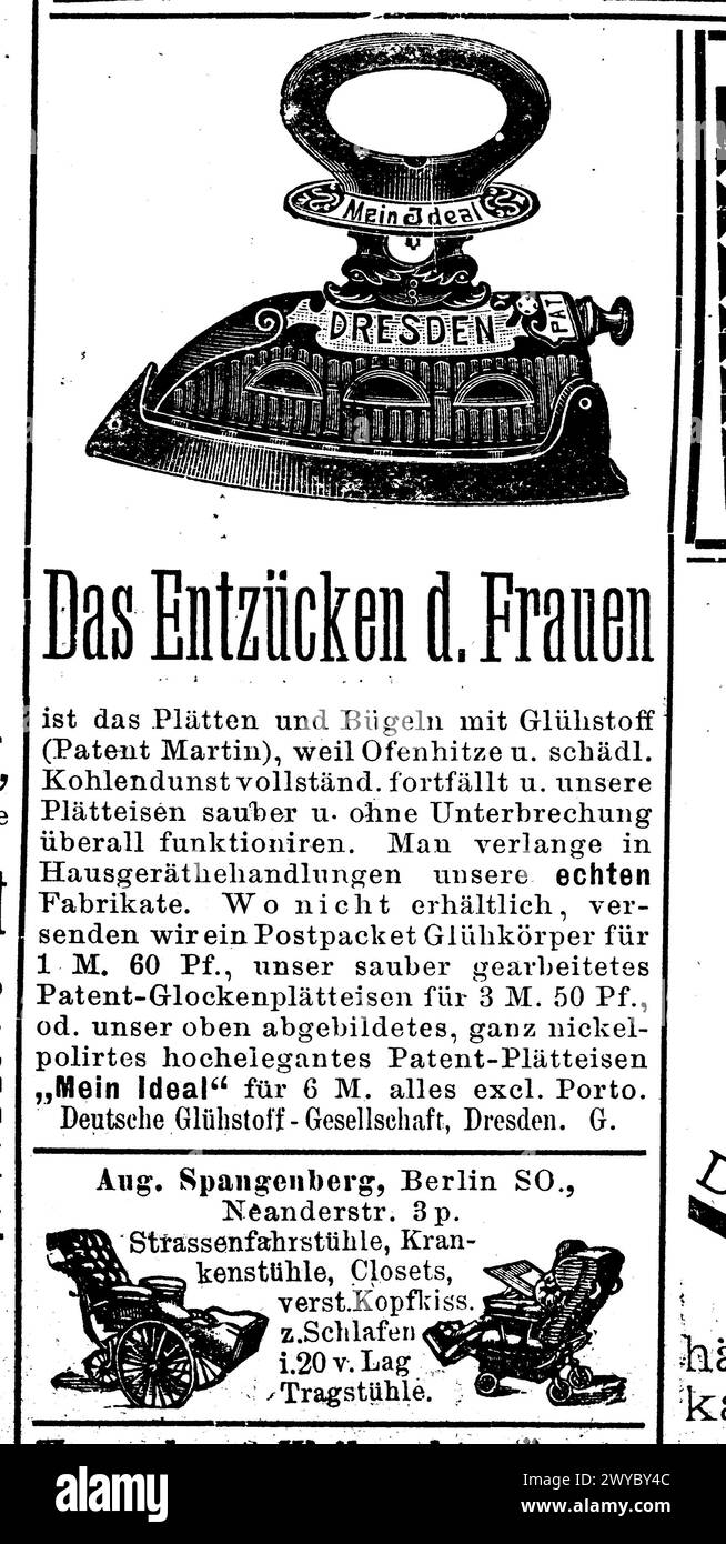 Werbeanzeige der Firma Spangenberg für Bügeleisen, 1890, Deutschland / Spangenberg azienda pubblicità per ferro, 1890, Germania, Historisch, restaurierte digitale Reproduktion einer Originalvorlage aus dem 19. Jahrhundert, genaues Originaldatum nicht bekannt / riproduzione storica, digitale migliorata di un originale del 19th ° secolo, Foto Stock