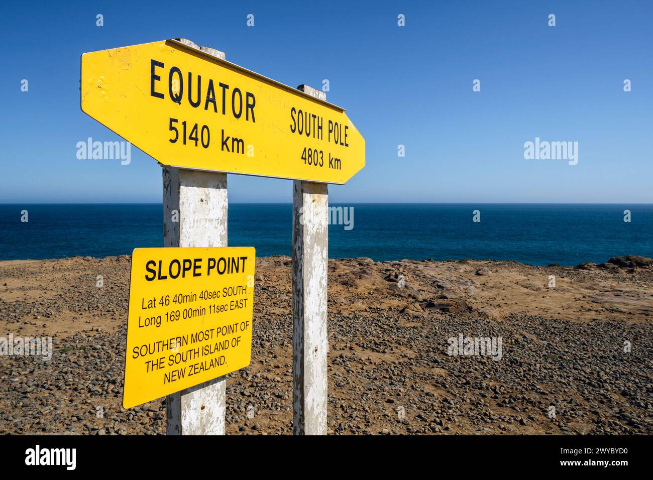 Un cartello a Slope Point, il punto più meridionale dell'Isola del Sud della nuova Zelanda Foto Stock