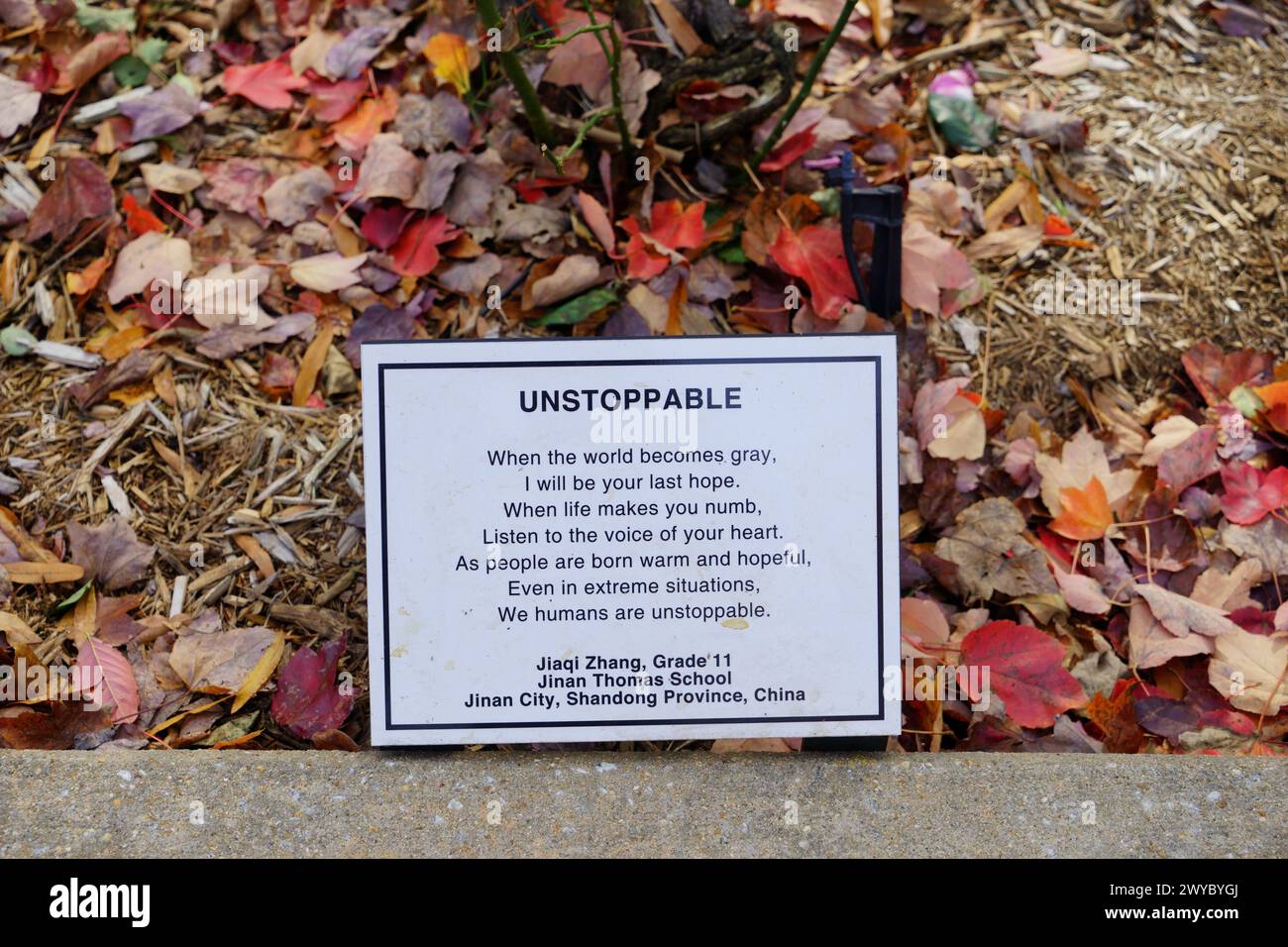 Poema inarrestabile su una targa nel World Peace Rose Garden, MLK Jr. National Historic Site, catturato il 23 novembre 2023. Foto Stock