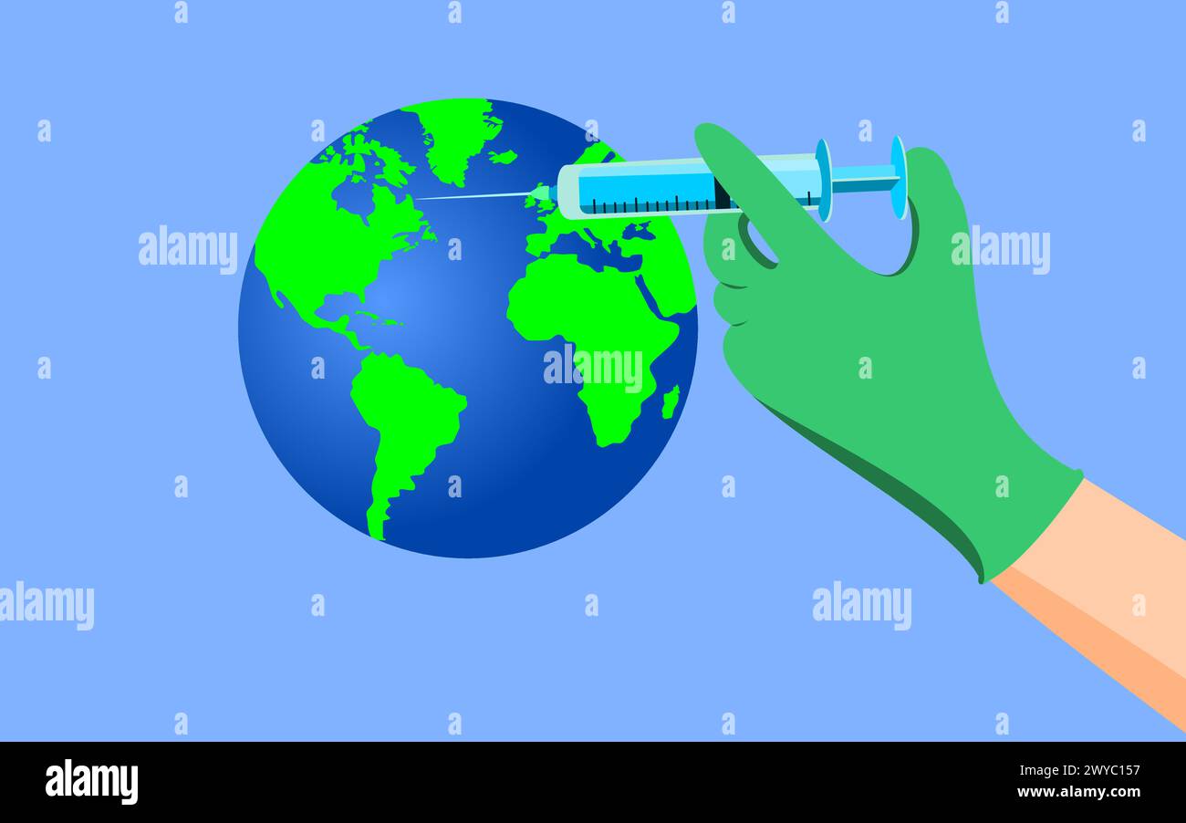 Giornata Mondiale della salute 7 aprile, proteggendo l'iniezione Mondiale in guanto verde mano su immagine vettoriale mappa Globe. Illustrazione Vettoriale