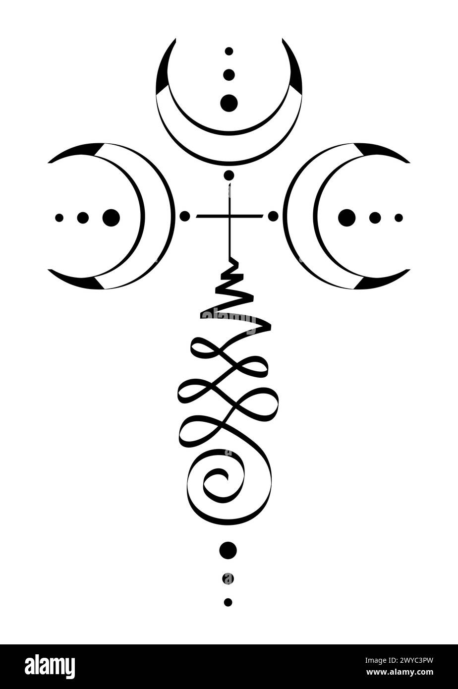 Simbolo della luna crescente di Unalome, triplo segno della dea che rappresenta il percorso verso l'illuminazione. Icona nera degli Yantra disegnati a mano. Disegno a inchiostro per tatuaggi, logo vettoriale Illustrazione Vettoriale