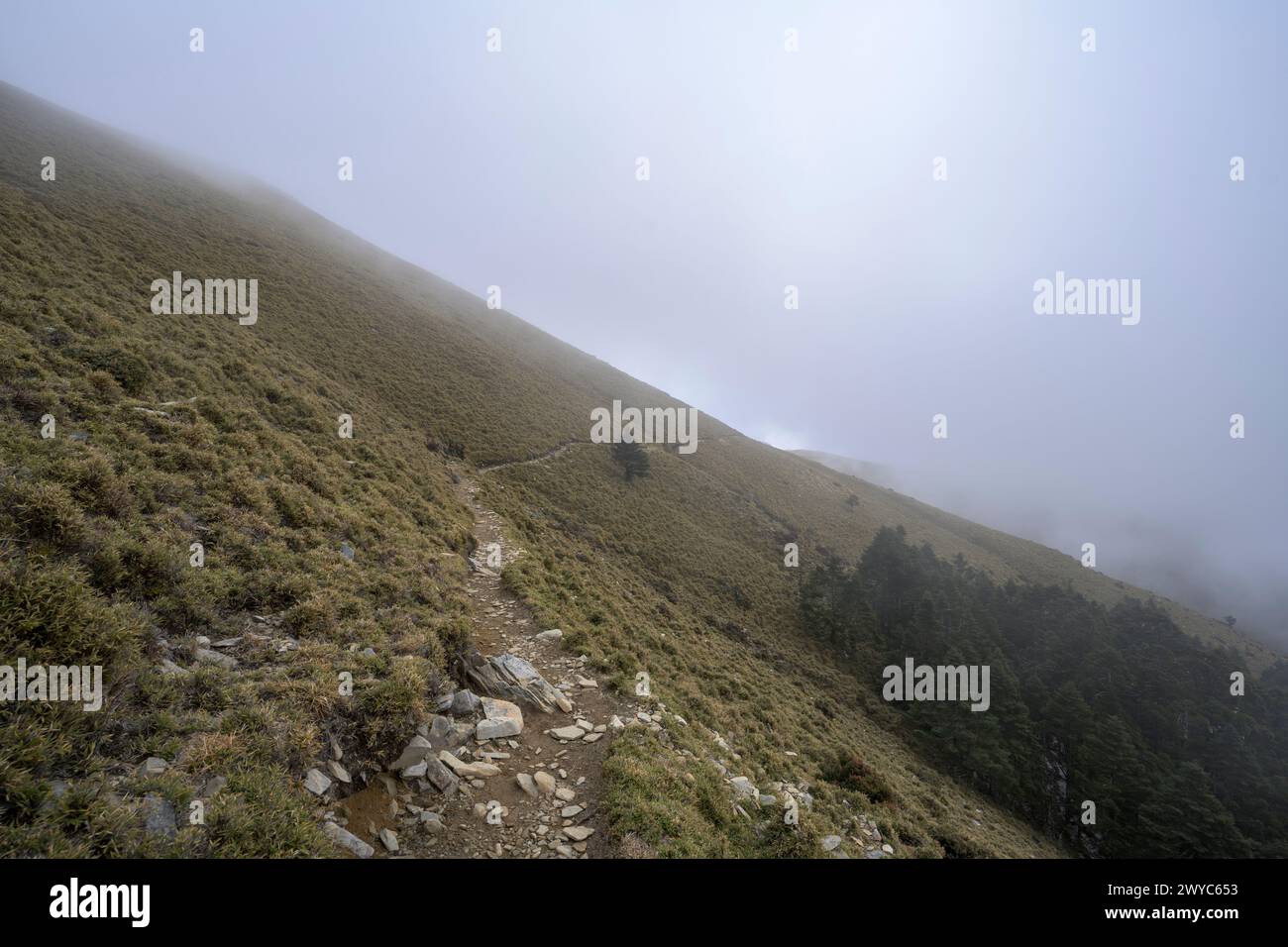 Il sentiero roccioso del lago Jiaming su un pendio di montagna con nebbia che aggiunge un'atmosfera mistica Foto Stock
