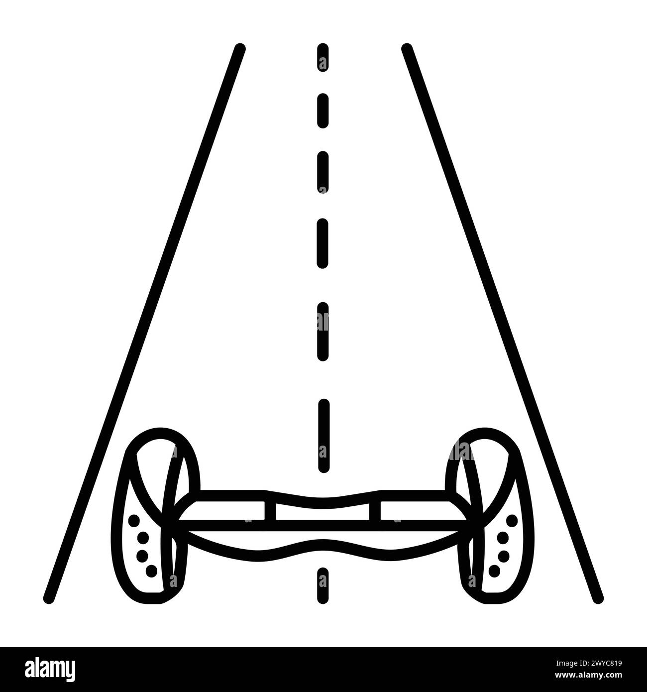 Hoverboard su strada, icona vettoriale con linea nera, cartello moderno per il trasporto elettrico mobile Illustrazione Vettoriale