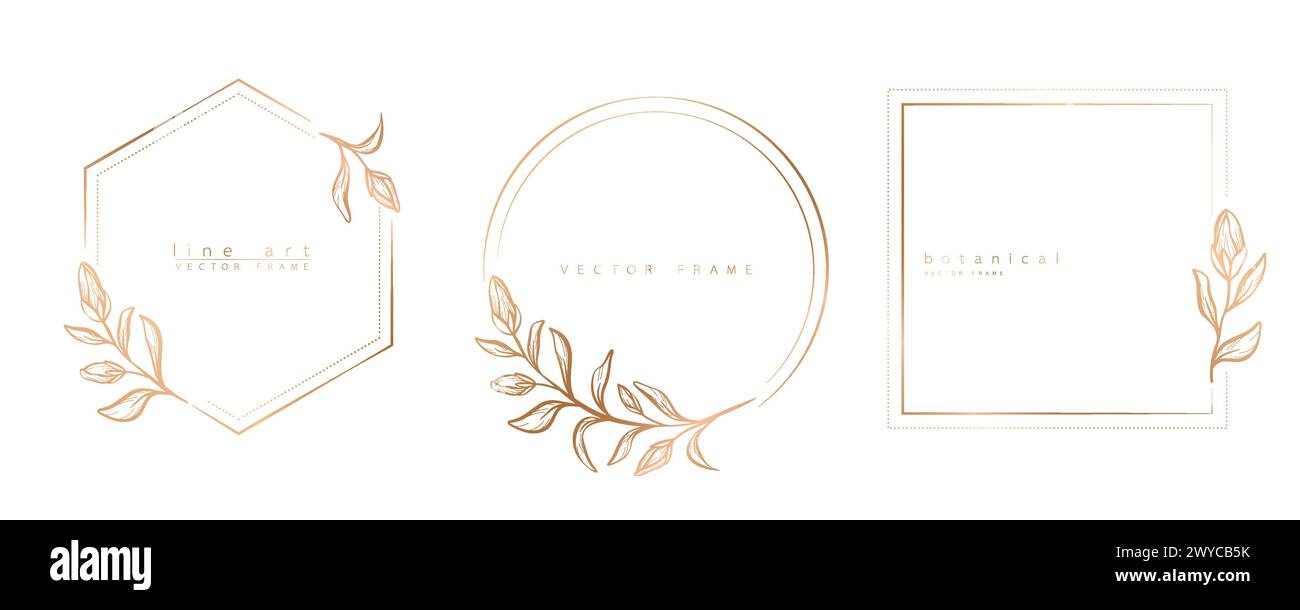 Set di modelli di cornice floreali in stile lineare minimalista Illustrazione Vettoriale