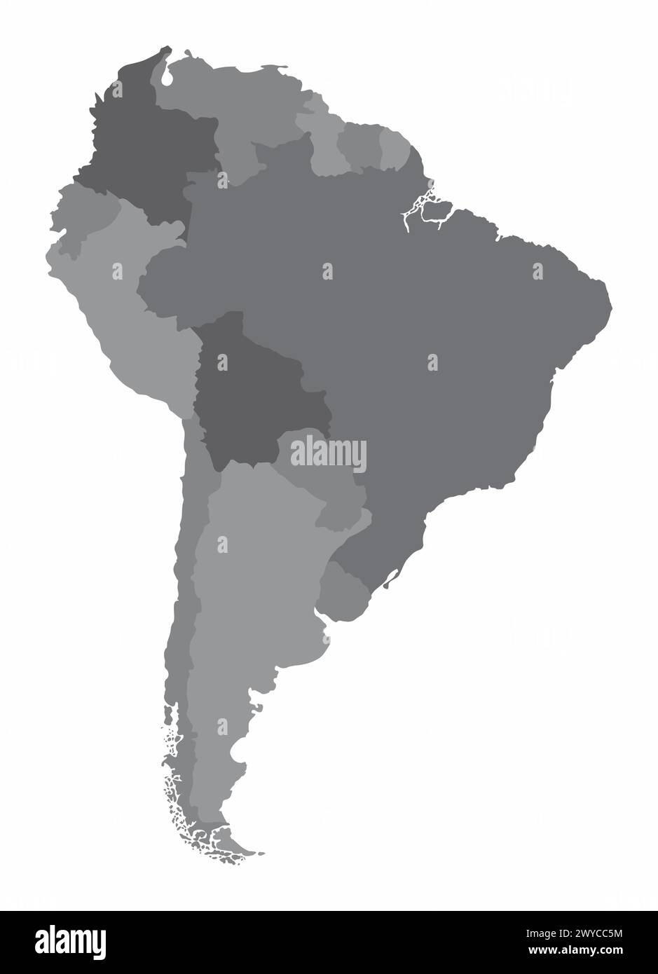 La mappa in scala di grigi del Sud America isolata su sfondo bianco Illustrazione Vettoriale