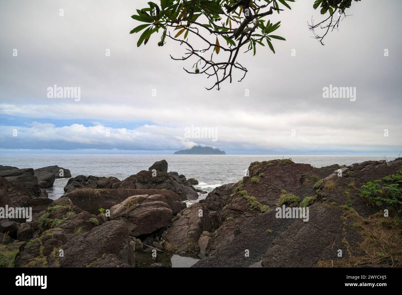 La vegetazione in primo piano incornicia la tranquilla vista di un'isola lontana tra acque marine calme e un cielo nuvoloso Foto Stock