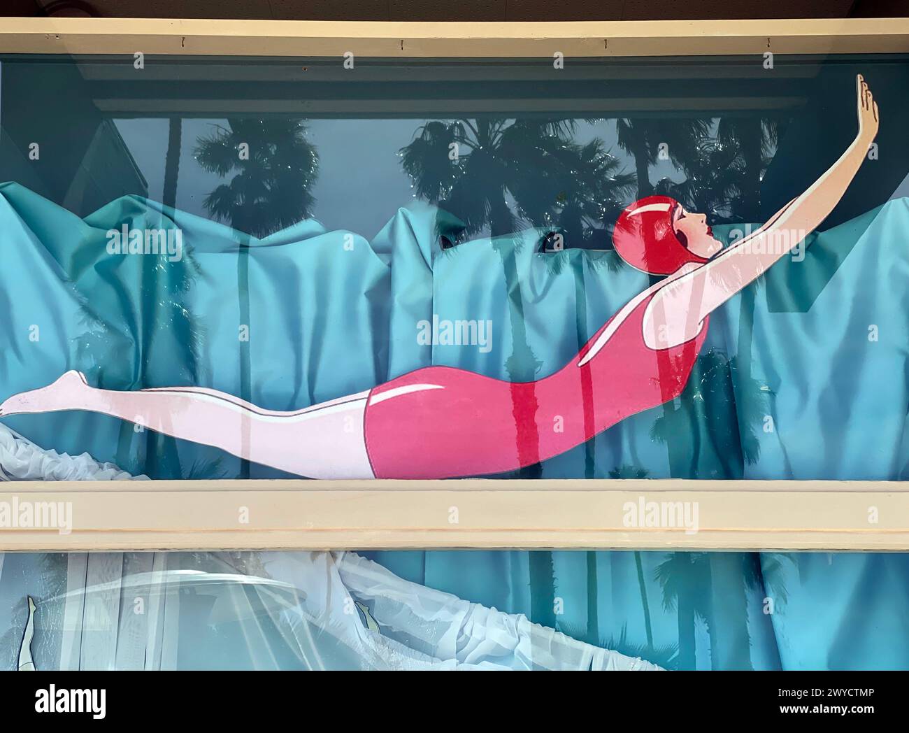 Cartello raffigurante il costume da bagno in stile classico per il costume da bagno Jantzen presso la piscina di Desert Hot Springs, California, Stati Uniti Foto Stock