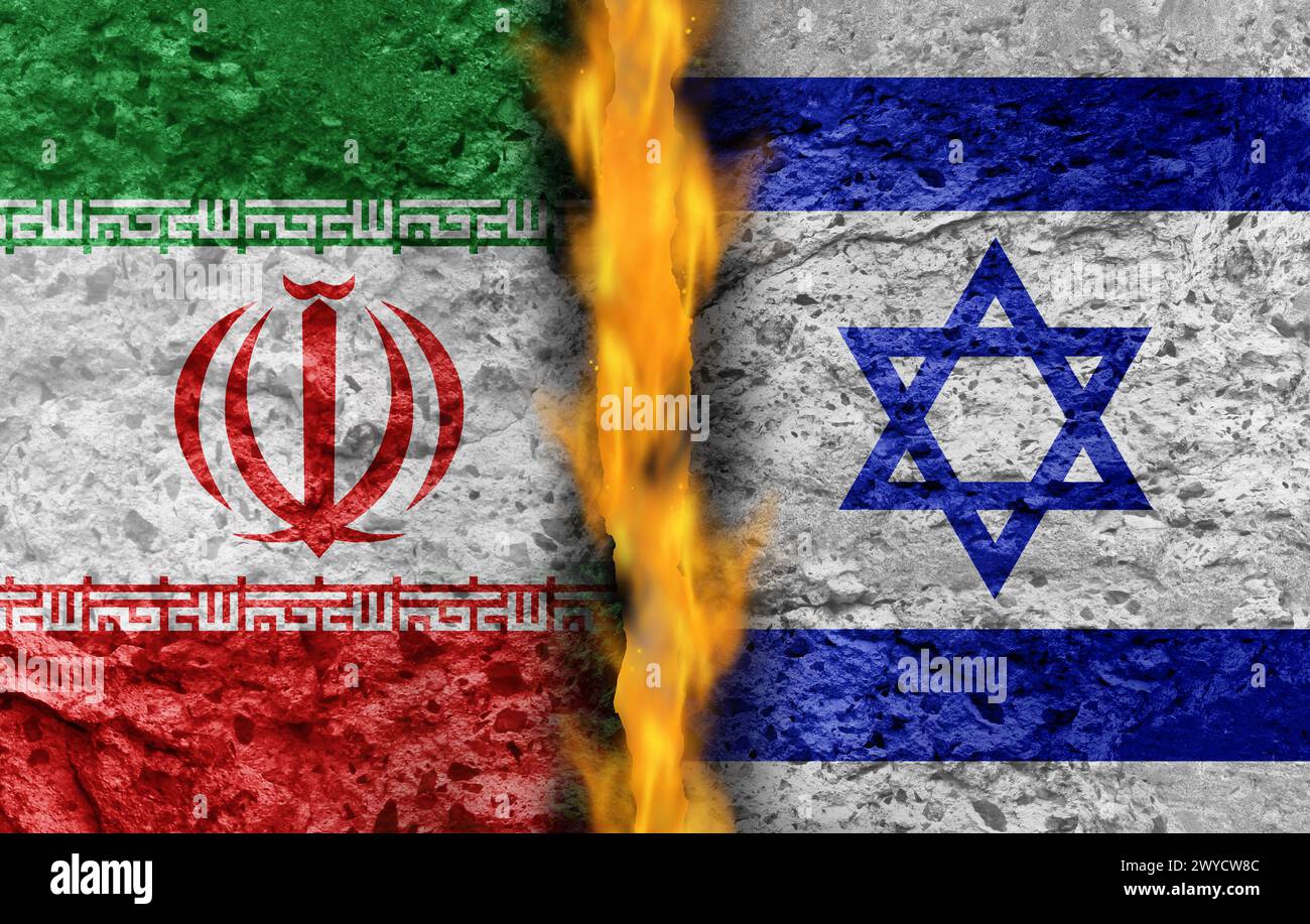 Iran e Israele si scontrano come una guerra geopolitica e una crisi tra il popolo iraniano e israeliano o concetto di sicurezza del Medio Oriente e lottano con un Foto Stock